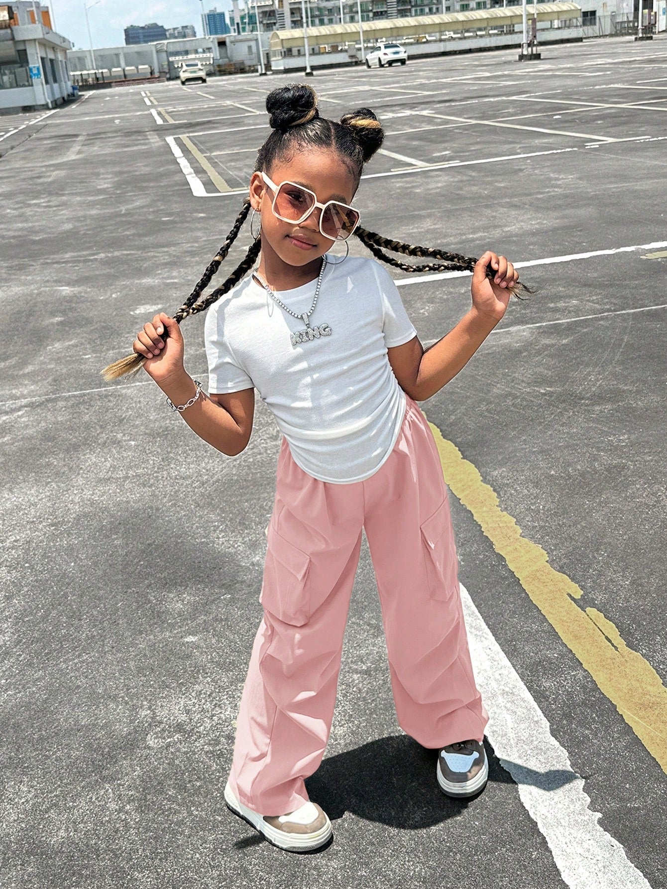 2pcs Tween Girl Ribbed Ruched Short Sleeve Tee   Pocketed Casual Pants Set