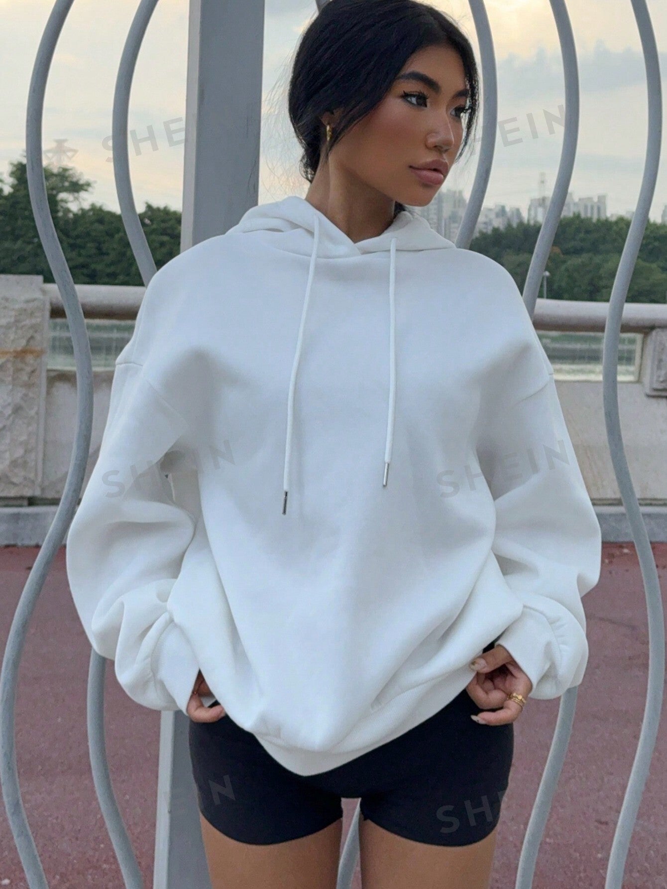 EZwear Casual Minimalist Star Pattern Hooded Loose Thick Sweatshirt For Women, Autumn Winter