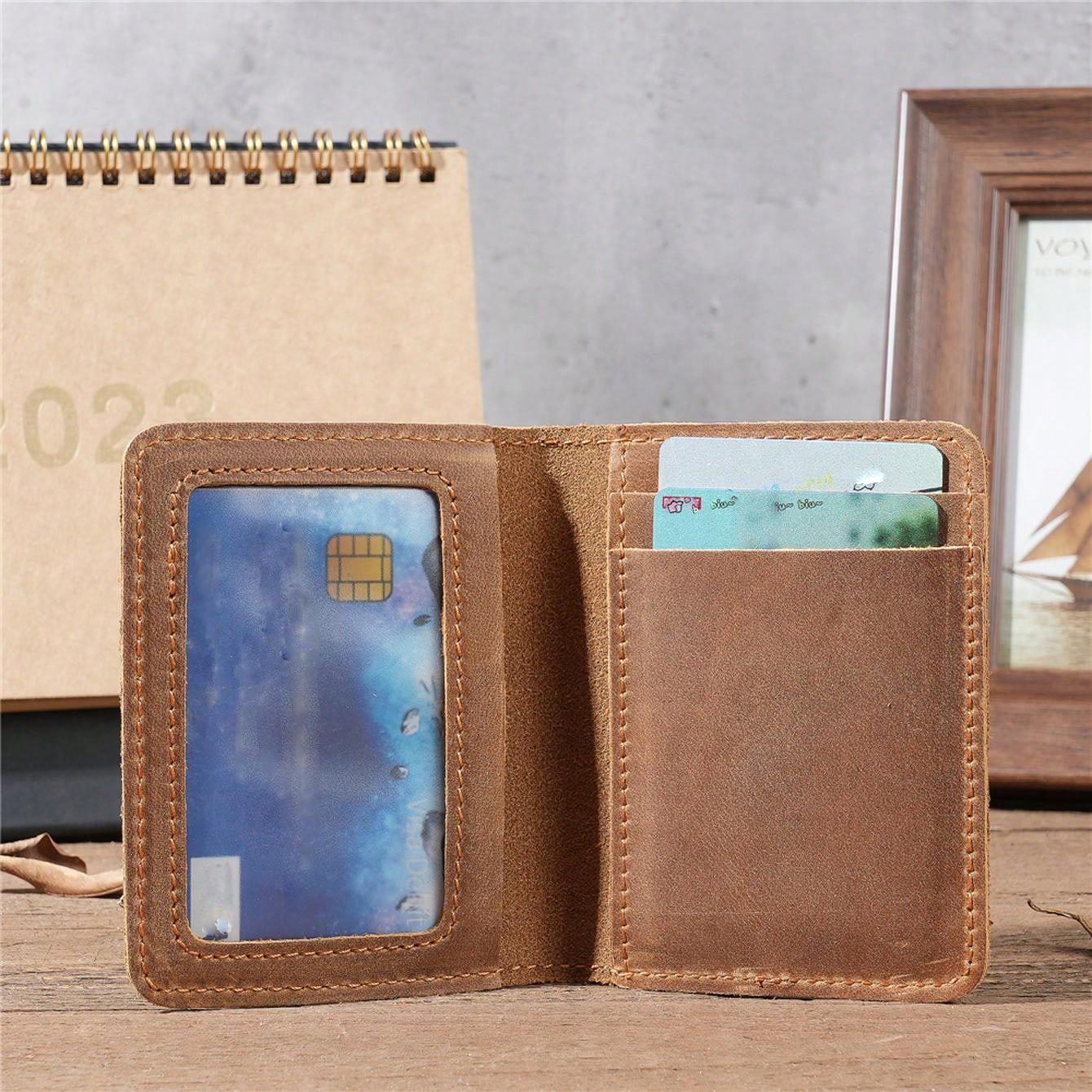 Men's Leather Card Holder Wallet, Vintage Cowhide Leather Driving License Holder, Multi-Card Slots Wallet