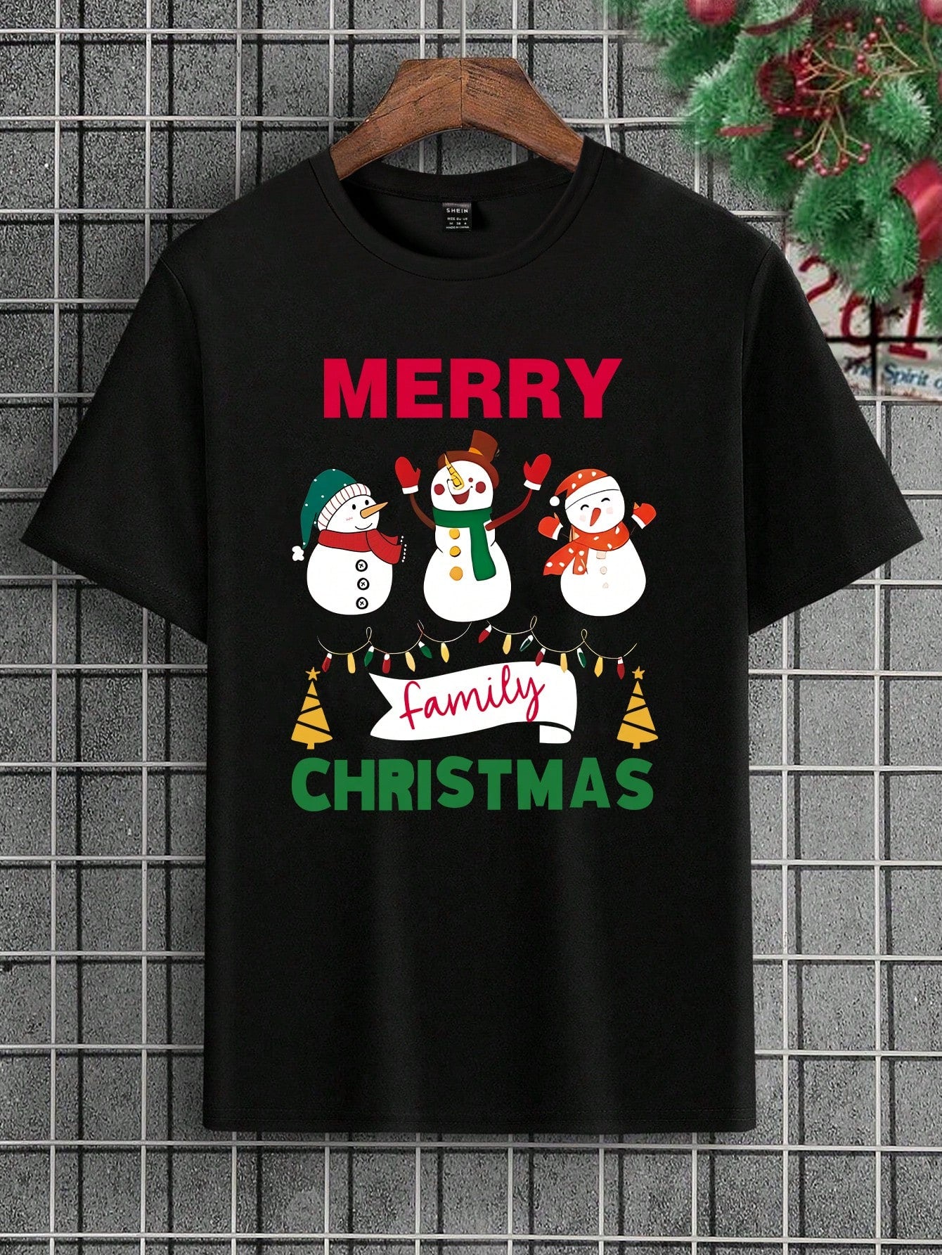 Manfinity Xmas Family Matching Outfits Mommy And Me 3D Snowman Print Black Round Neck T-Shirt, Suitable For Christmas Family Party (4 Pieces Sold Separately)