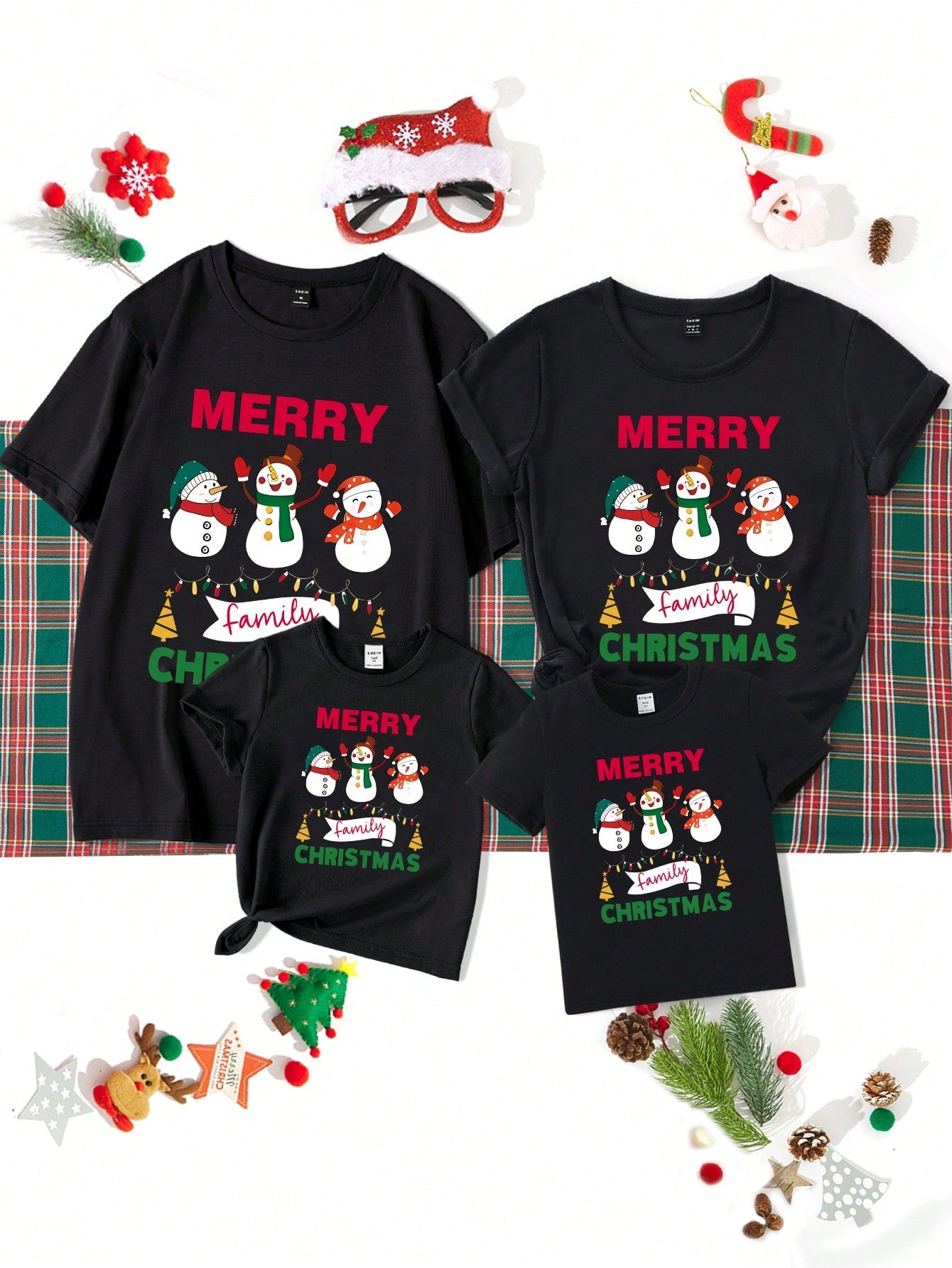 Manfinity Xmas Family Matching Outfits Mommy And Me 3D Snowman Print Black Round Neck T-Shirt, Suitable For Christmas Family Party (4 Pieces Sold Separately)