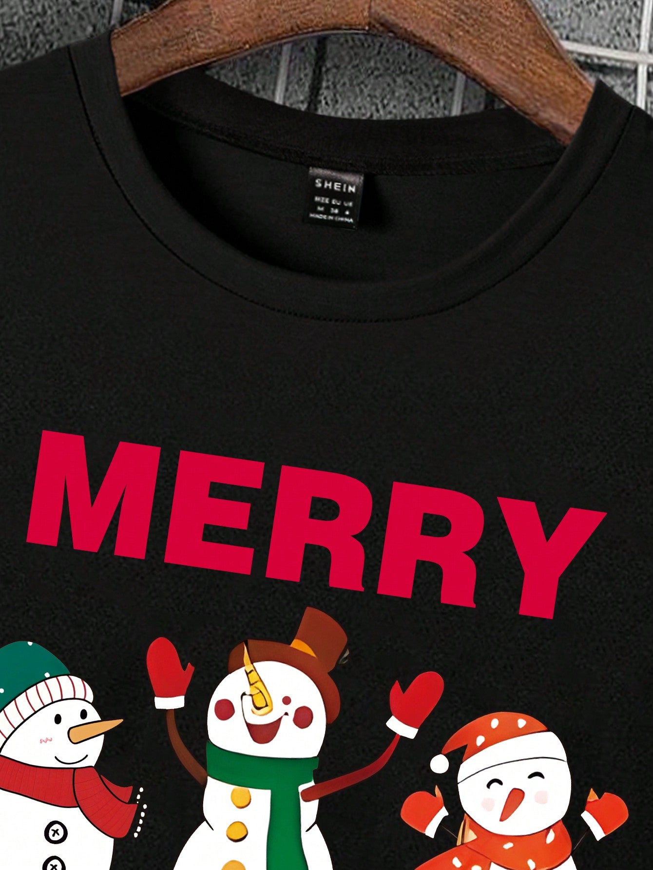 Manfinity Xmas Family Matching Outfits Mommy And Me 3D Snowman Print Black Round Neck T-Shirt, Suitable For Christmas Family Party (4 Pieces Sold Separately)