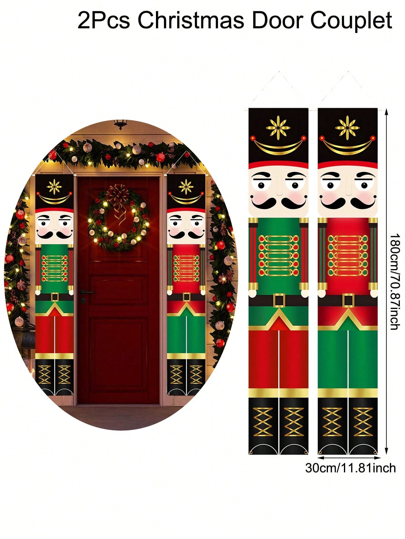 2pcs/Pack Red Green Nutcracker Soldier Banner, 30*180cm Polyester Christmas Door Couplet, Merry Christmas Decorations For Home 2024 Xmas Hanging Ornaments Door Decor Navidad Noel Gifts New Year 2025,Christmas