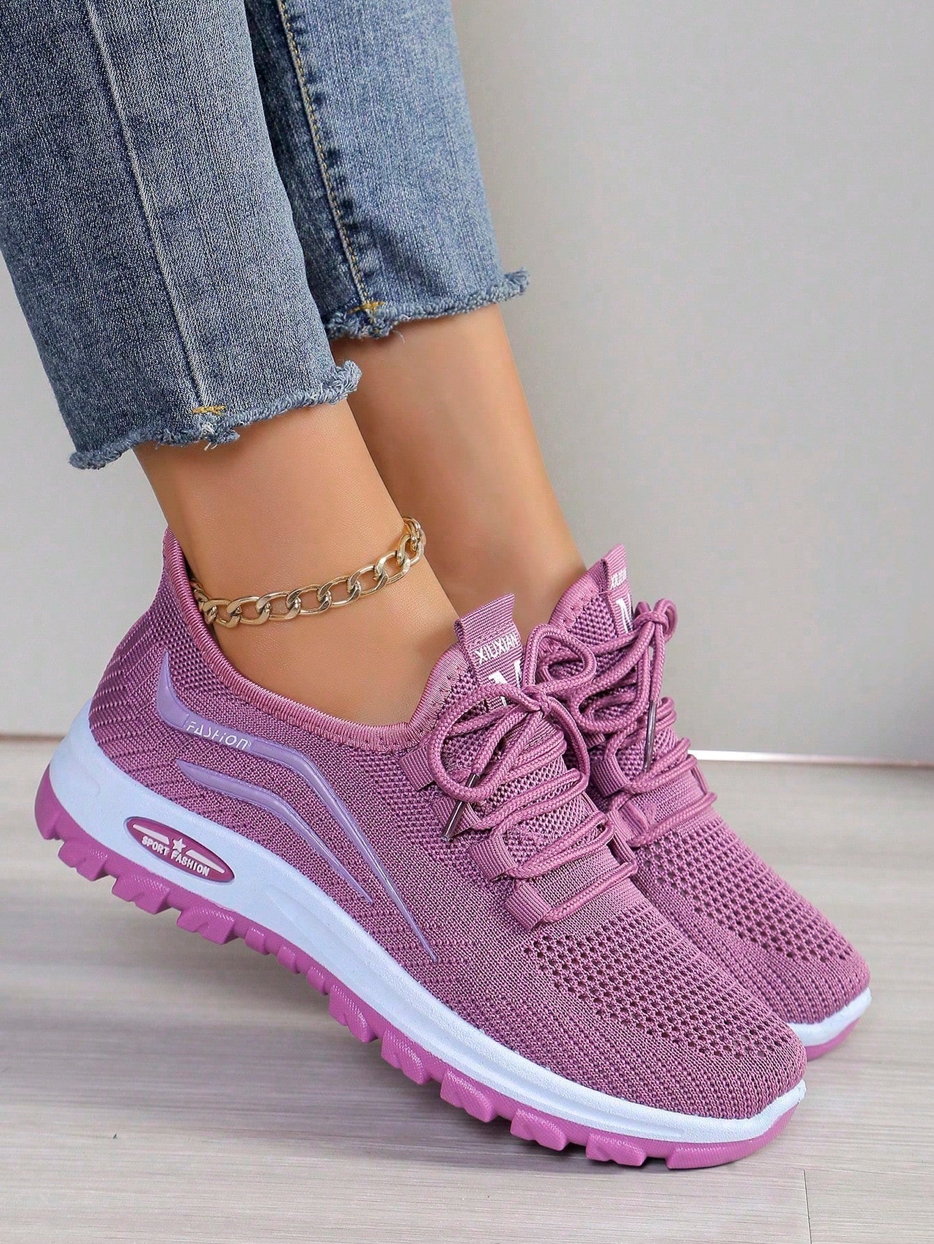 New Purple Solid Color Women's Sneakers, Knitted, Breathable, Suitable For School, Office, Running, Lightweight, Fitness, Hiking, Party, Dining, Shopping, Dating, Fashion Casual Flat Shoes