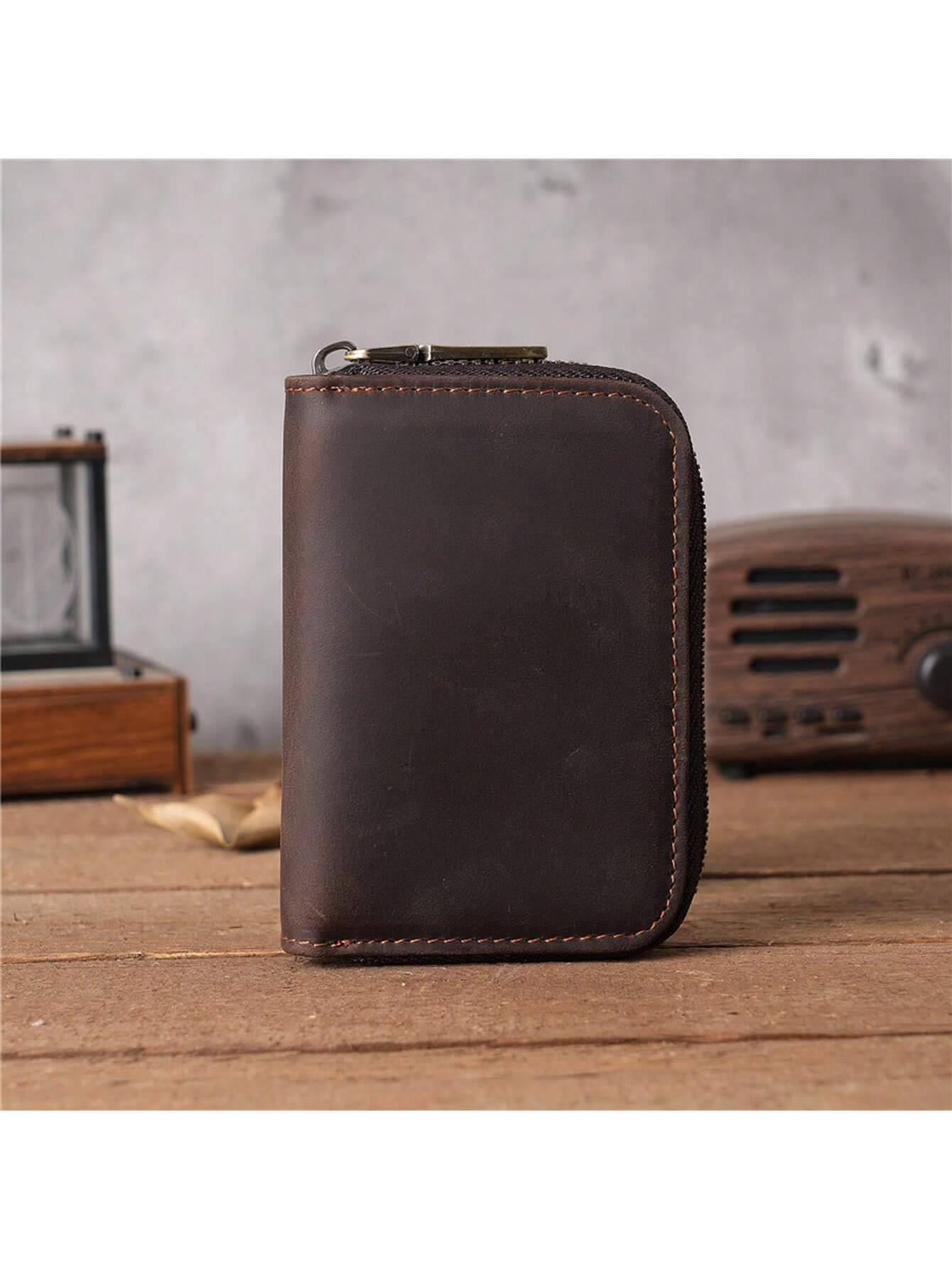 Unisex Genuine Leather Crazy Horse Leather Credit Card Holder Wallet With Zipper