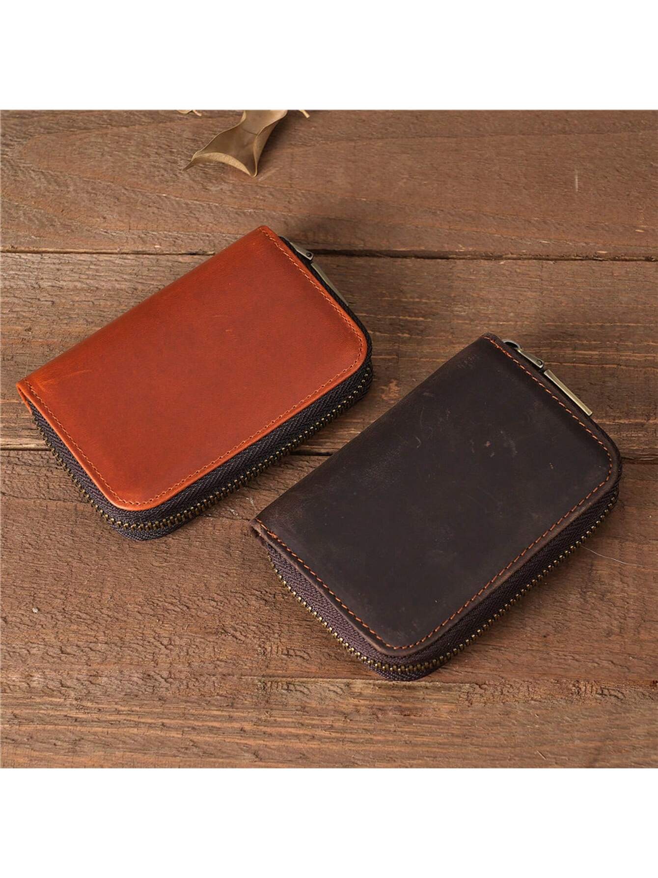 Unisex Genuine Leather Crazy Horse Leather Credit Card Holder Wallet With Zipper