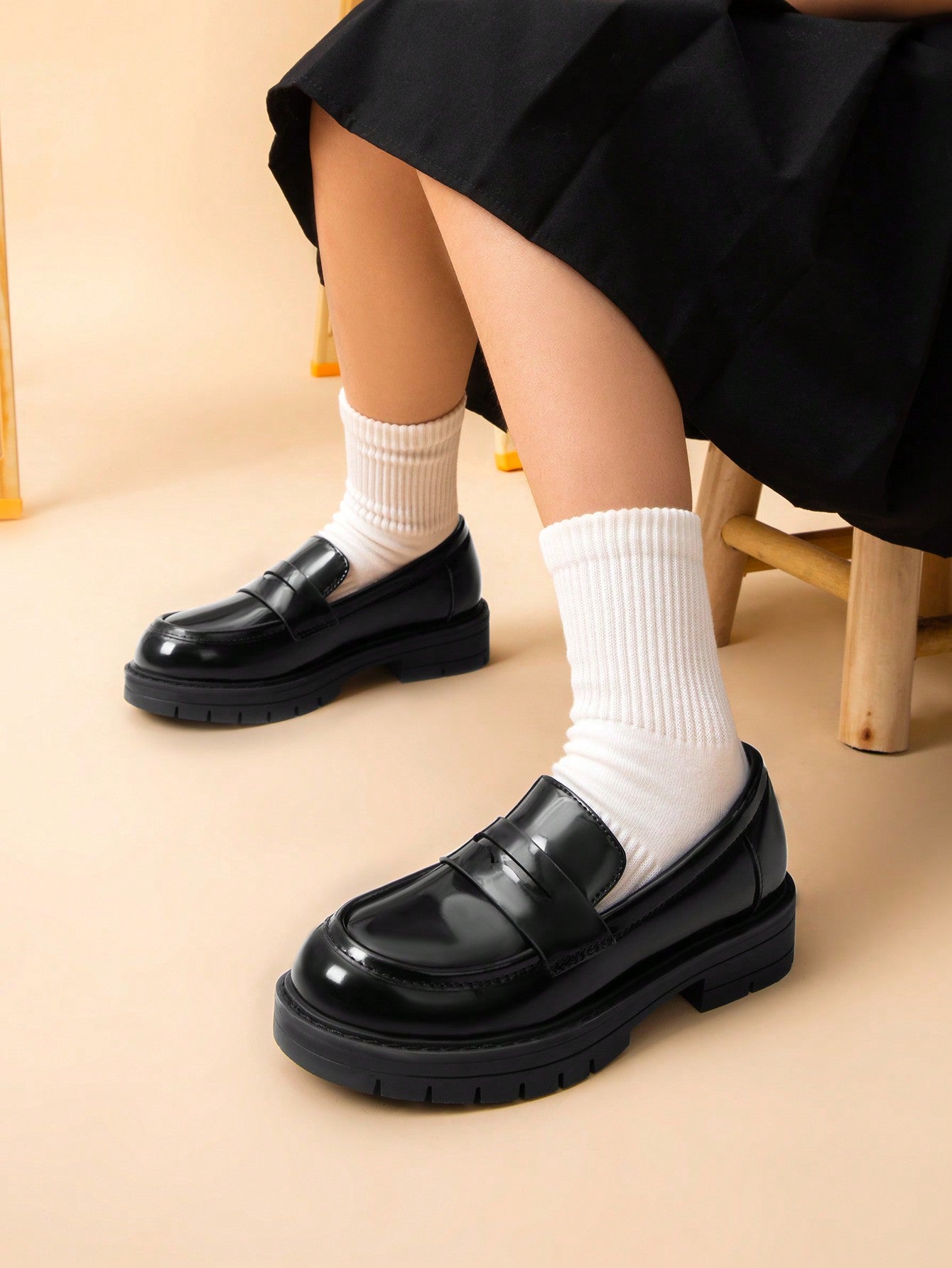 Girls Loafers Chunky Platform Penny Loafers School Uniform Slip On Dress Shoes Round Toe Comfortable