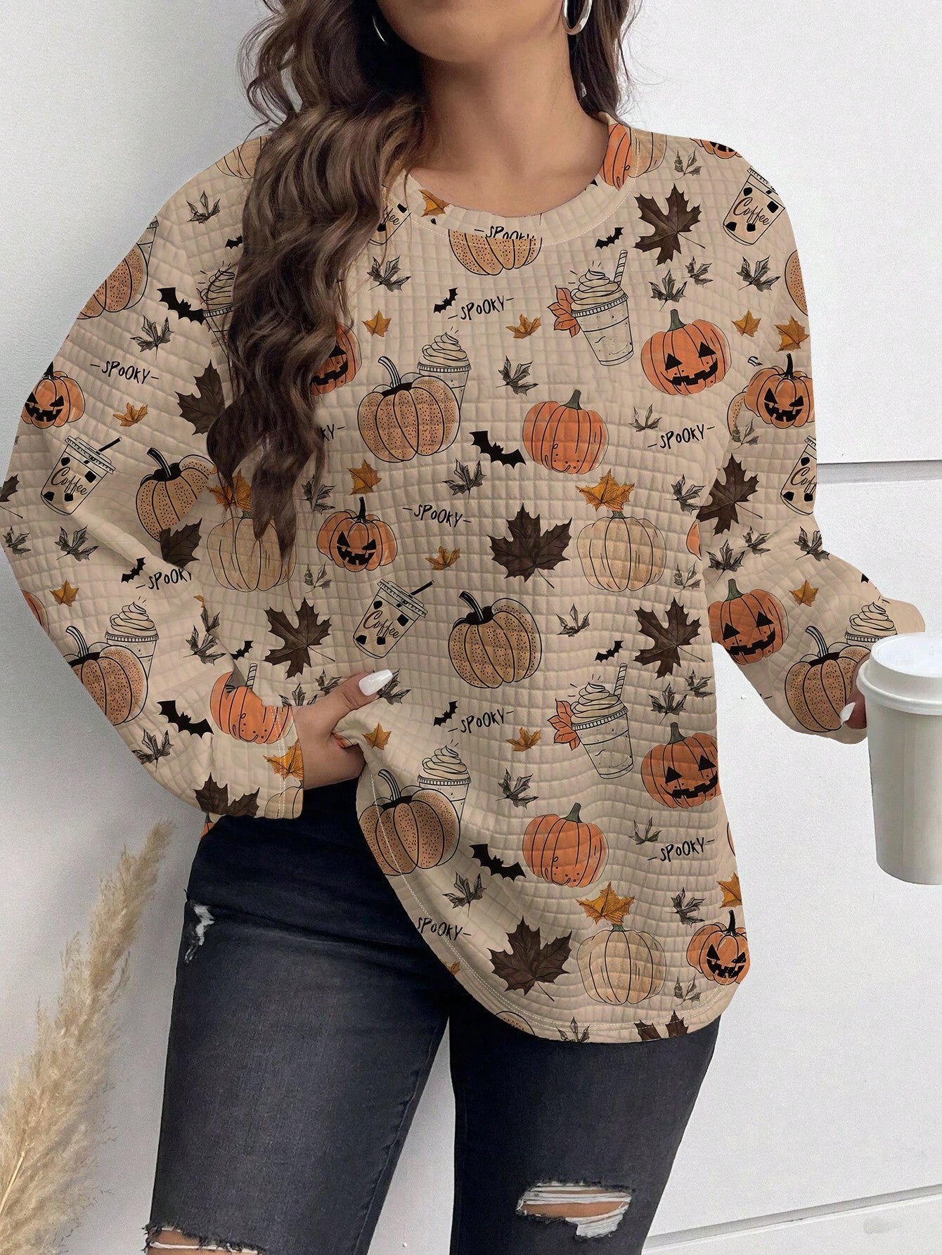 LUNE Plus Size Women's Halloween Shirts 2024 Fall Fashion Casual Long Sleeve Round Neck Pumpkin Ghost Print Autumn Pullover Sweatshirt