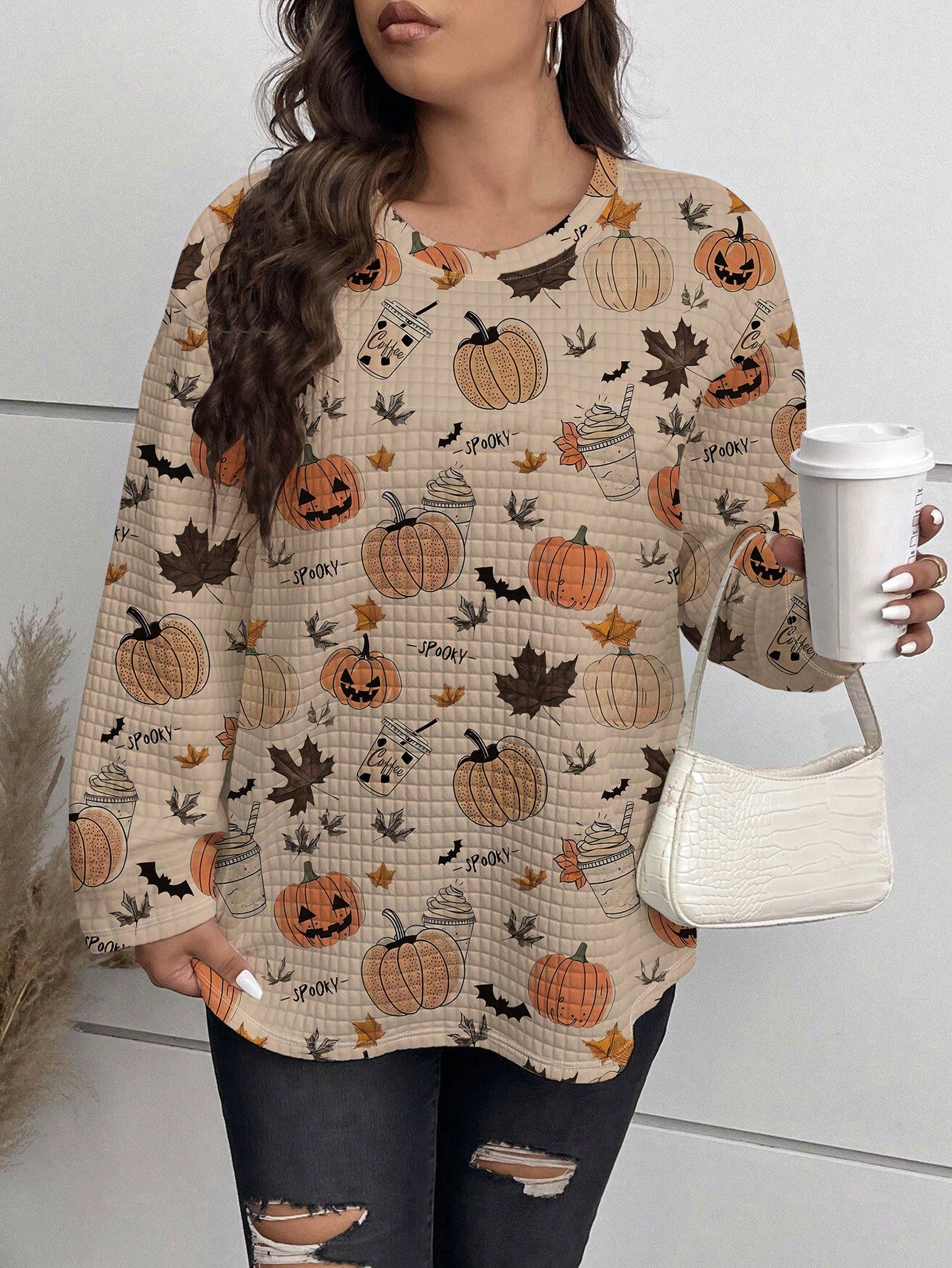 LUNE Plus Size Women's Halloween Shirts 2024 Fall Fashion Casual Long Sleeve Round Neck Pumpkin Ghost Print Autumn Pullover Sweatshirt