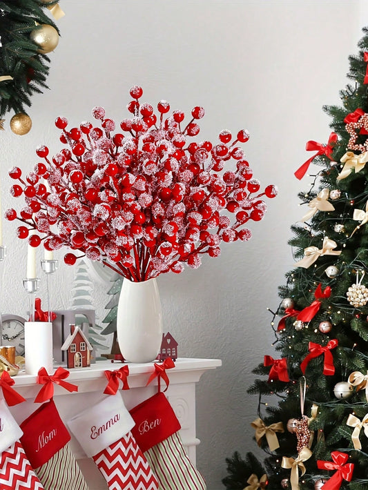 10pcs- Snow Frosted Artificial Red Berry Stems, Snowy Christmas Red Spray Picks Holly Berry Branches, Suitable For Christmas Tree Decoration Holiday DIY Crafts Xmas Ornaments Home Decor