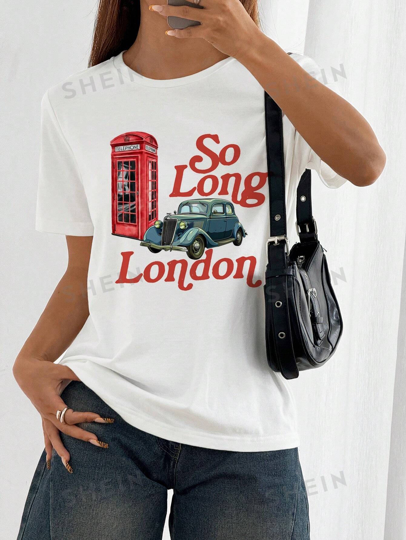 Attitoon Women's Casual "So Long London" Vintage Telephone Booth Car Print White Loose Crew Neck Short Sleeve Thin T-Shirt, Summer