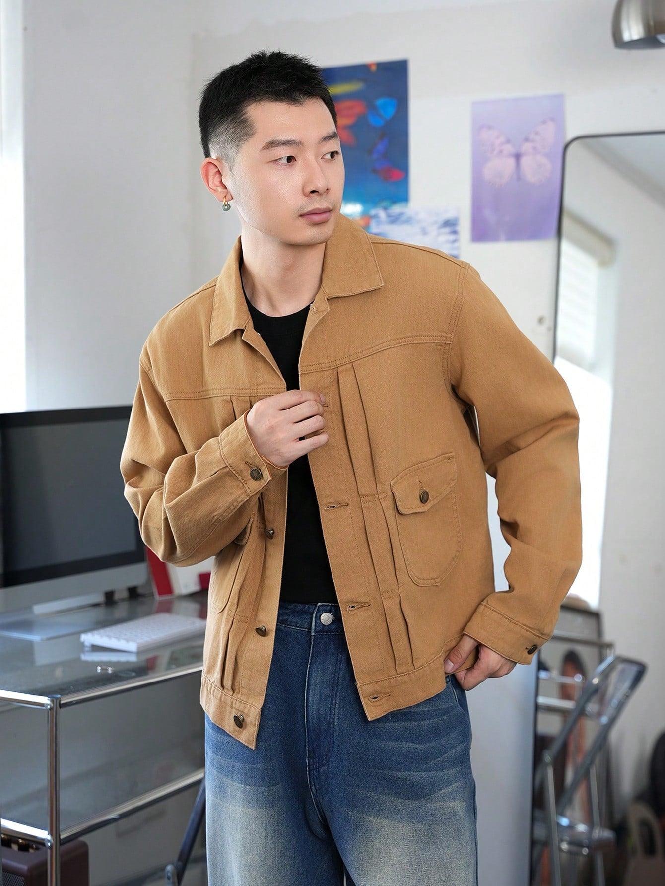 Manfinity Hypemode Men's Vintage Casual Loose Khaki Denim Jacket