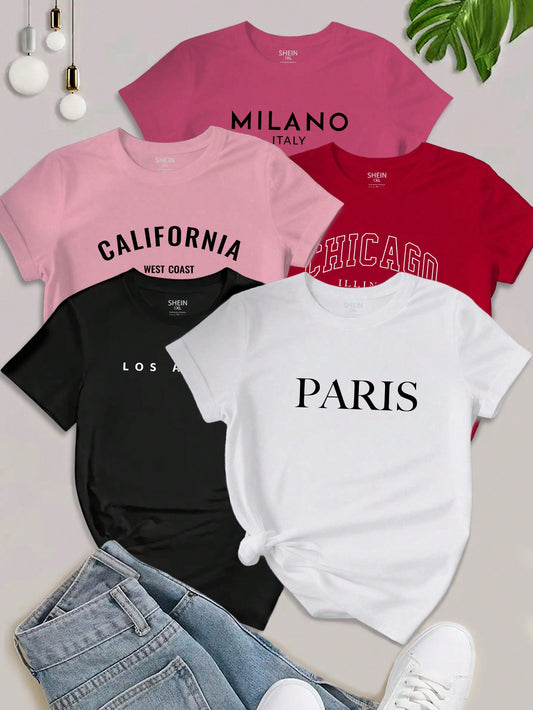 MOOSTA 5PCS Plus Size Women's Slogan Letter Printed T-Shirt Short Sleeved Casual Top Graphic Tees Women Tops