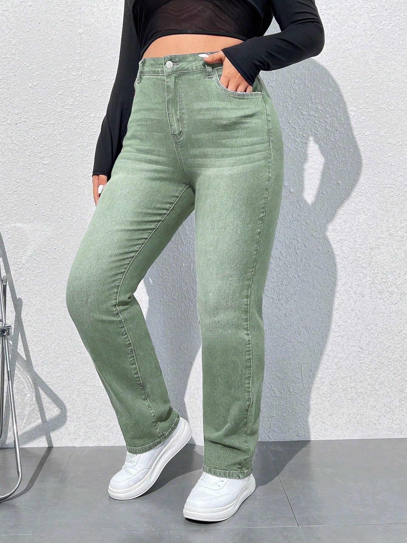 EZwear Plus Size High Waist Slim Fit Washed Denim Jeans