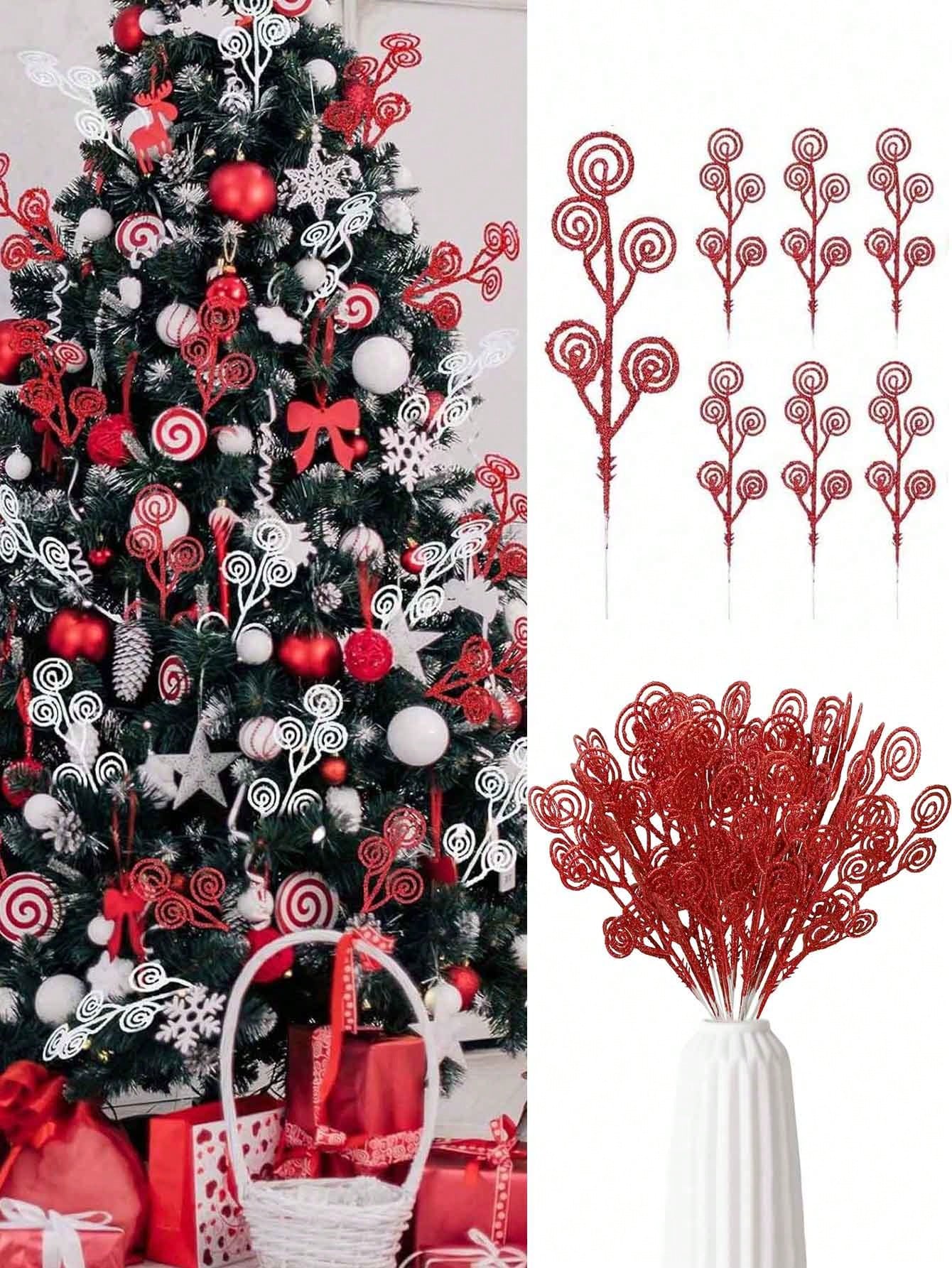 10Pcs Christmas Curly Tree Picks Sprays Twigs 12 Inch Decorative Candy Shape Sticks Glitter Artificial Stem Picks Ornaments For Wedding Xmas Tree Wreath Decor Vase Fillers