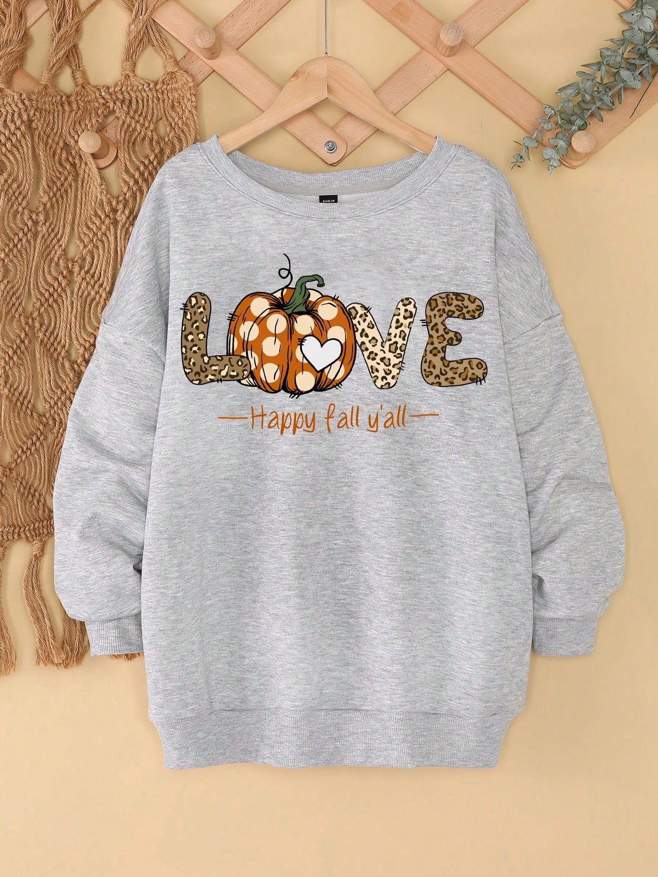 LUNE Plus Size Casual Simple Pumpkin Leopard LOVE Print Pattern Loose Thick Crew Neck Sweatshirt For Autumn Winter