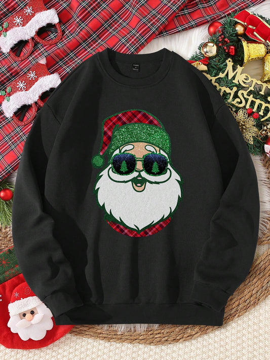 Men's Casual Fashion Sequins Santa Claus Patterned Fleece Crew Neck Sweatshirt, Suitable For Christmas Family Party In Autumn