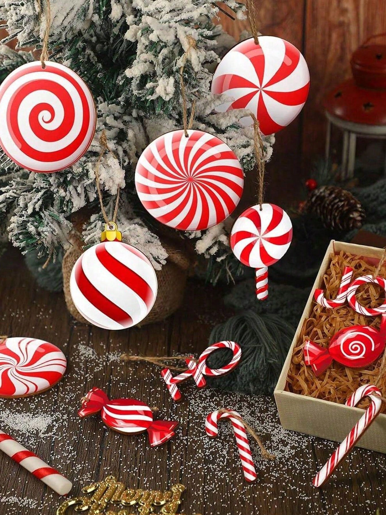 12pcs Christmas Ornaments - Wooden Candy Cane, Lollipop Hanging Decorations For Christmas Tree, Holiday Home, Party, Cafe, Supermarket Decor