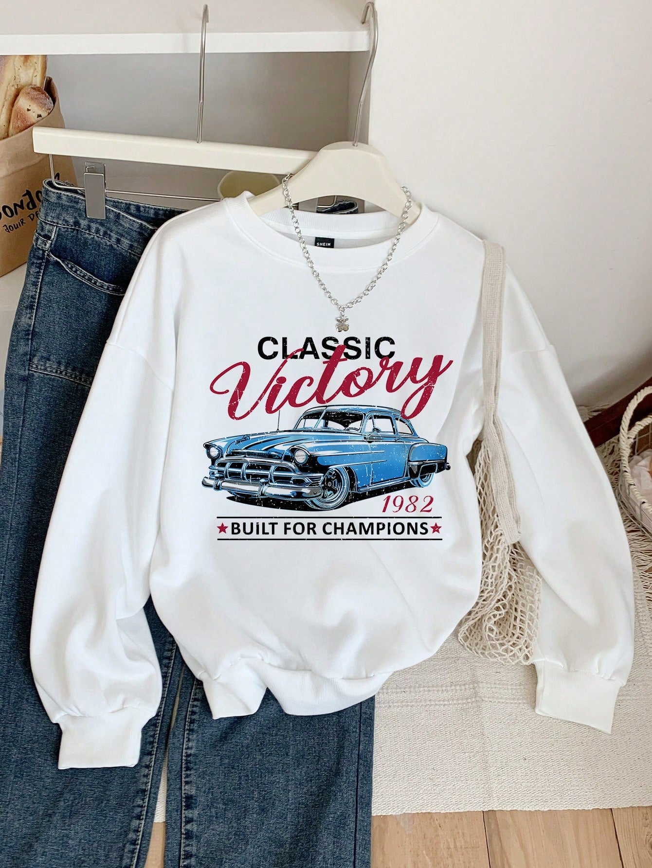 EZwear Vintage Car Print Hoodie Casual Loose Fit Sweatshirt For Women, Autumn Winter,Long Sleeve Tops