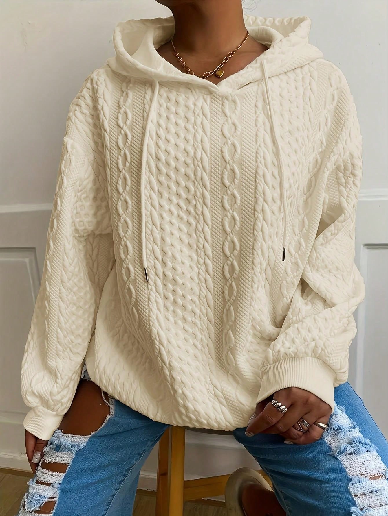 Plus Size Women Loose Casual Solid Color Jacquard Knit Long Sleeve Hoodie Sweatshirt