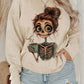 LUNE Plus Size Loose Fit Skull Girl Print Crewneck Thick Fleece Sweatshirt, Autumn/Winter