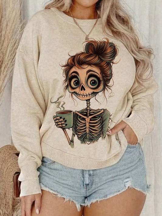 LUNE Plus Size Loose Fit Skull Girl Print Crewneck Thick Fleece Sweatshirt, Autumn/Winter