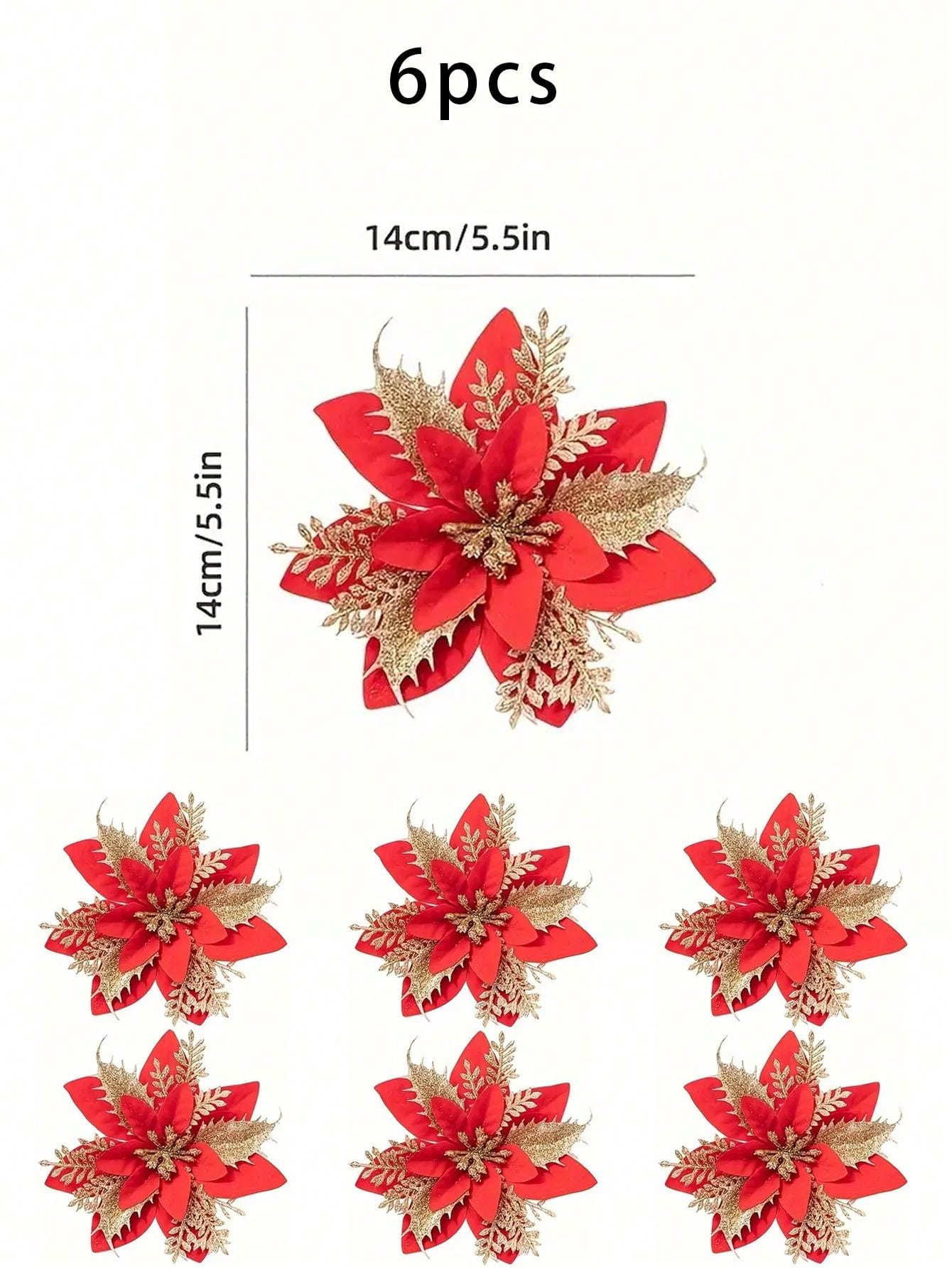 6pcs Artificial Red Poinsettia Flowers, Xmas Decoration Flowers, Suitable For Christmas Party And Christmas Tree Decoration