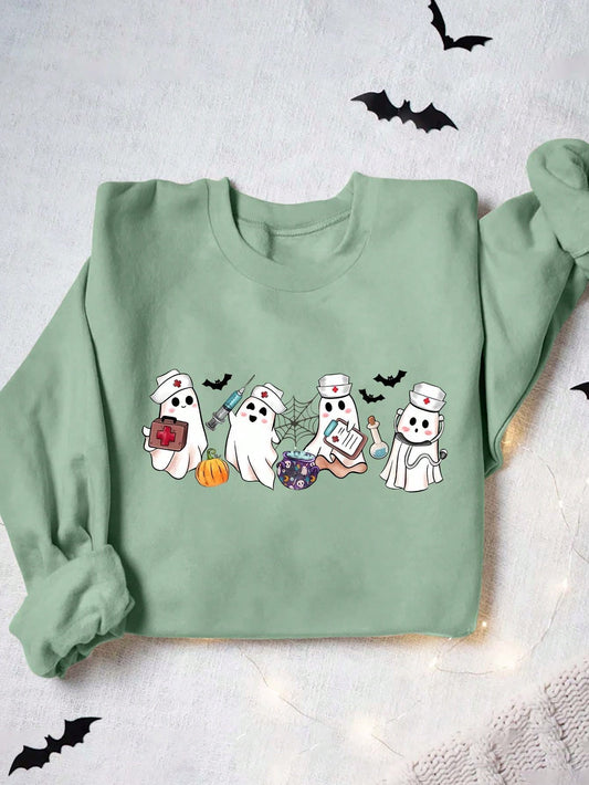 Halloween  Cartoon Ghost Women's Thick Round Neck Casual Sweatshirt With Pattern Print, Casual, Autumn/Winter