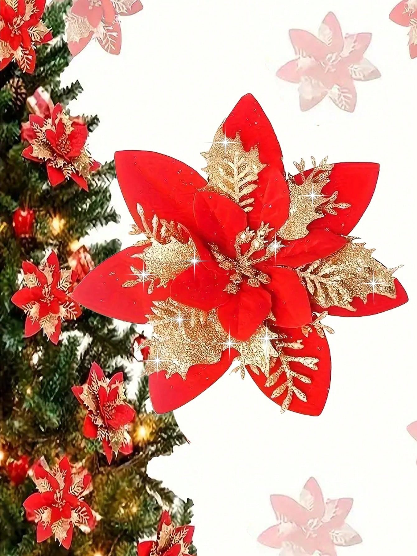 6pcs Artificial Red Poinsettia Flowers, Xmas Decoration Flowers, Suitable For Christmas Party And Christmas Tree Decoration