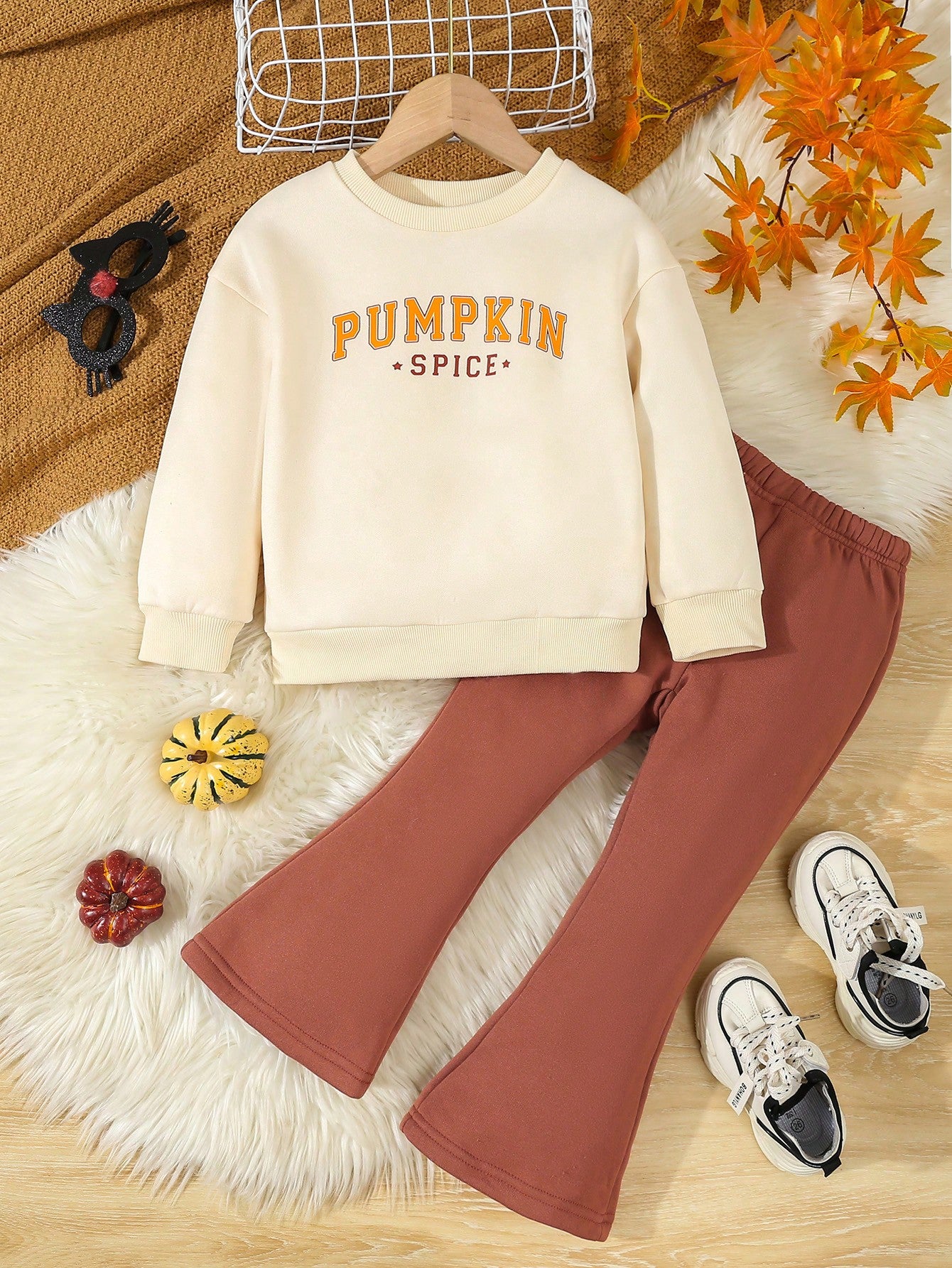 2pcs Young Girl Casual Letter Printed Cute Style Flare Pants Set, Knitted Fabric Sweatshirt, Autumn/Winter