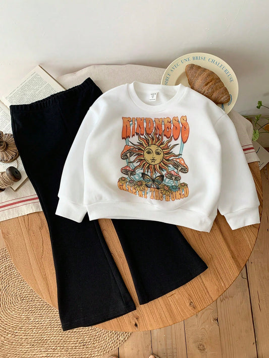 2pcs Young Girl Fashionable Urban Style Round Neck Pullover With Long Sleeves And Bell Bottom Knitted Pants,Autumn And Winter,Great For Casual