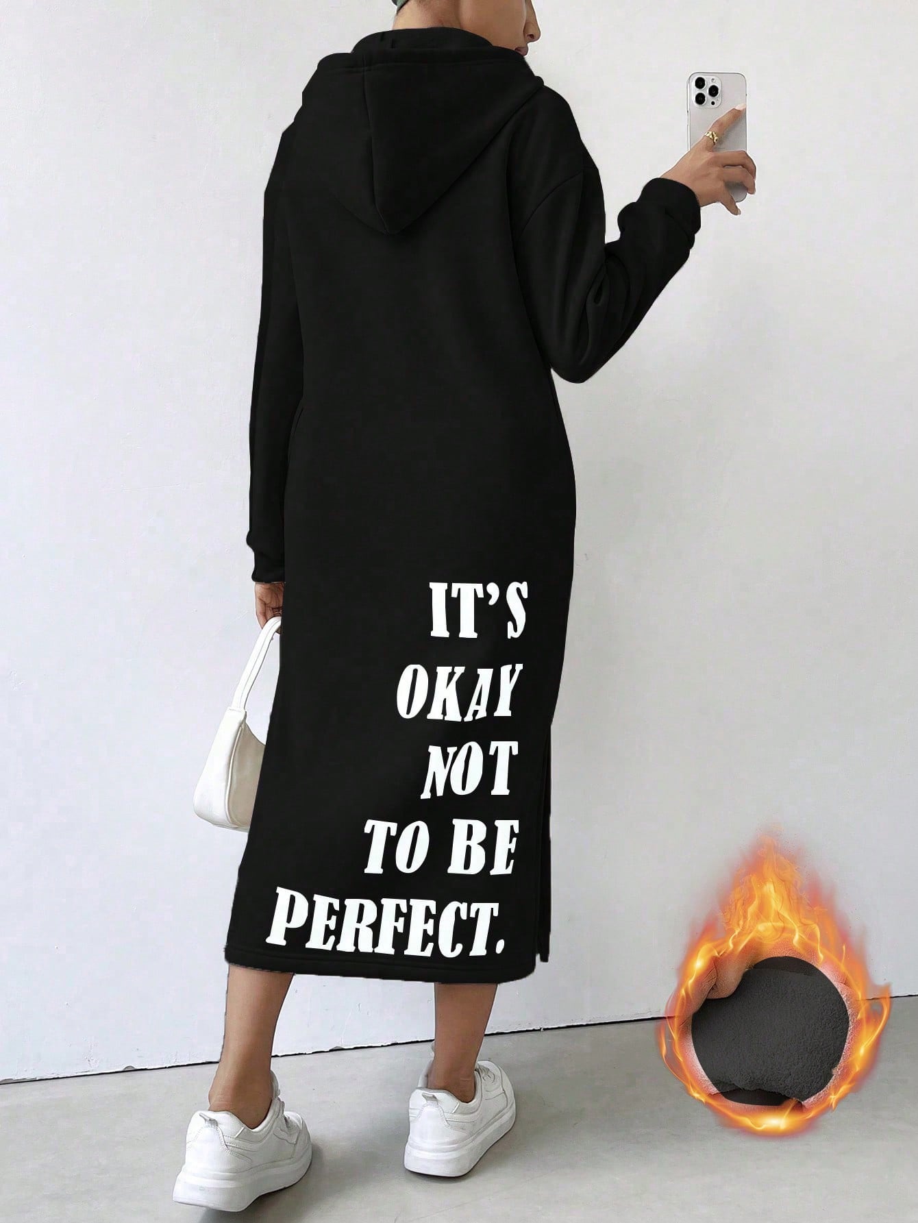 Essnce Slogan Graphic Drop Shoulder Hooded Sweatshirt Dress IT'S OKAY NOT TO BE PERFECT,Long Sleeve Tops