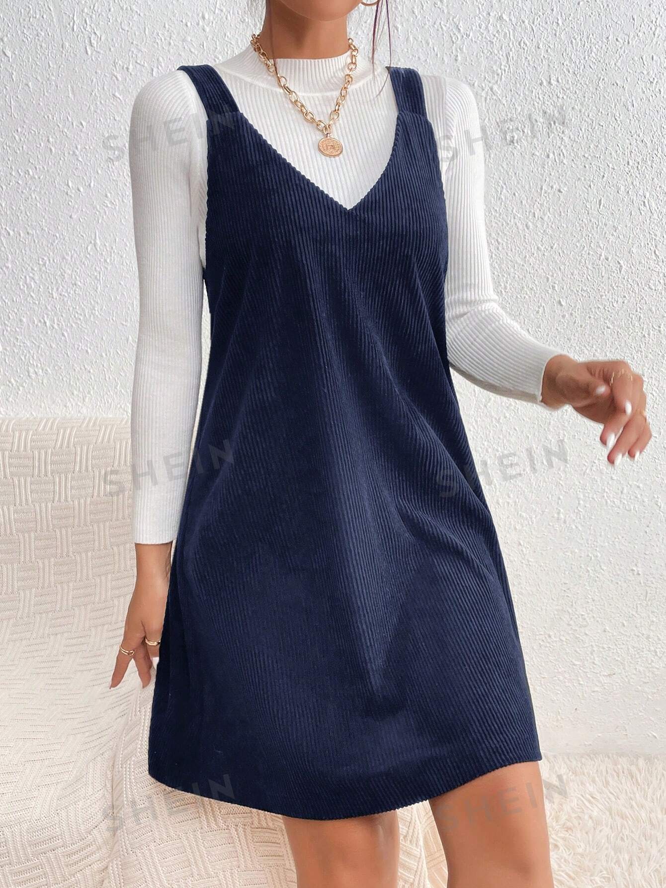 Essnce Solid Color Loose Spaghetti Strap Mini Dress, Casual Daily Wear