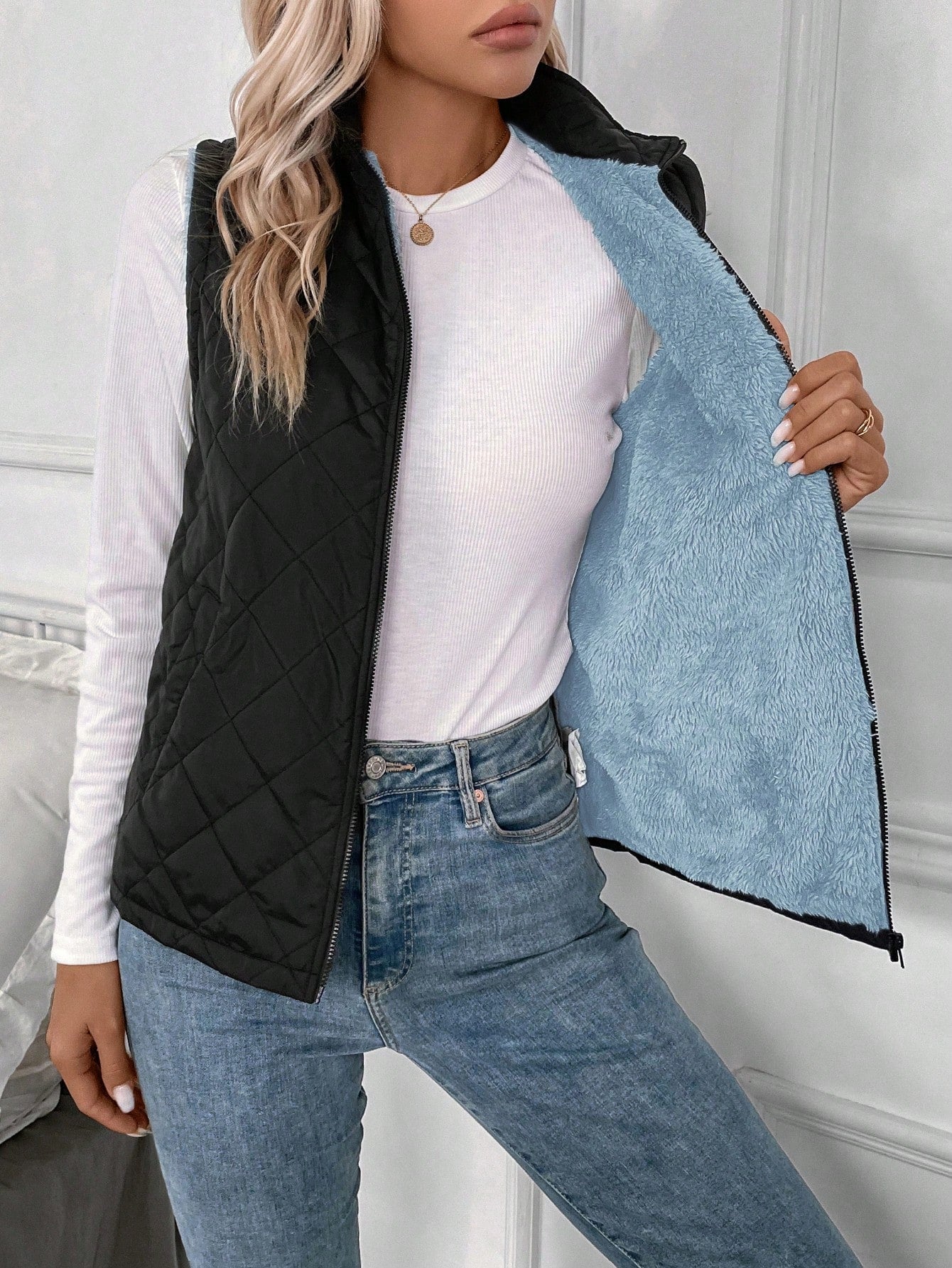 LUNE Zip Up Teddy Lined Vest Quilted Coat