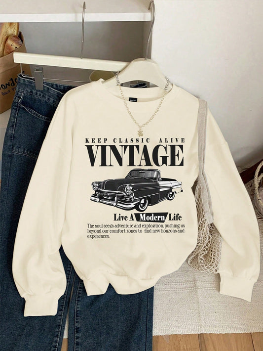 EZwear Vintage Car Print Hoodie Casual Loose Fit Sweatshirt For Women, Autumn Winter,Long Sleeve Tops