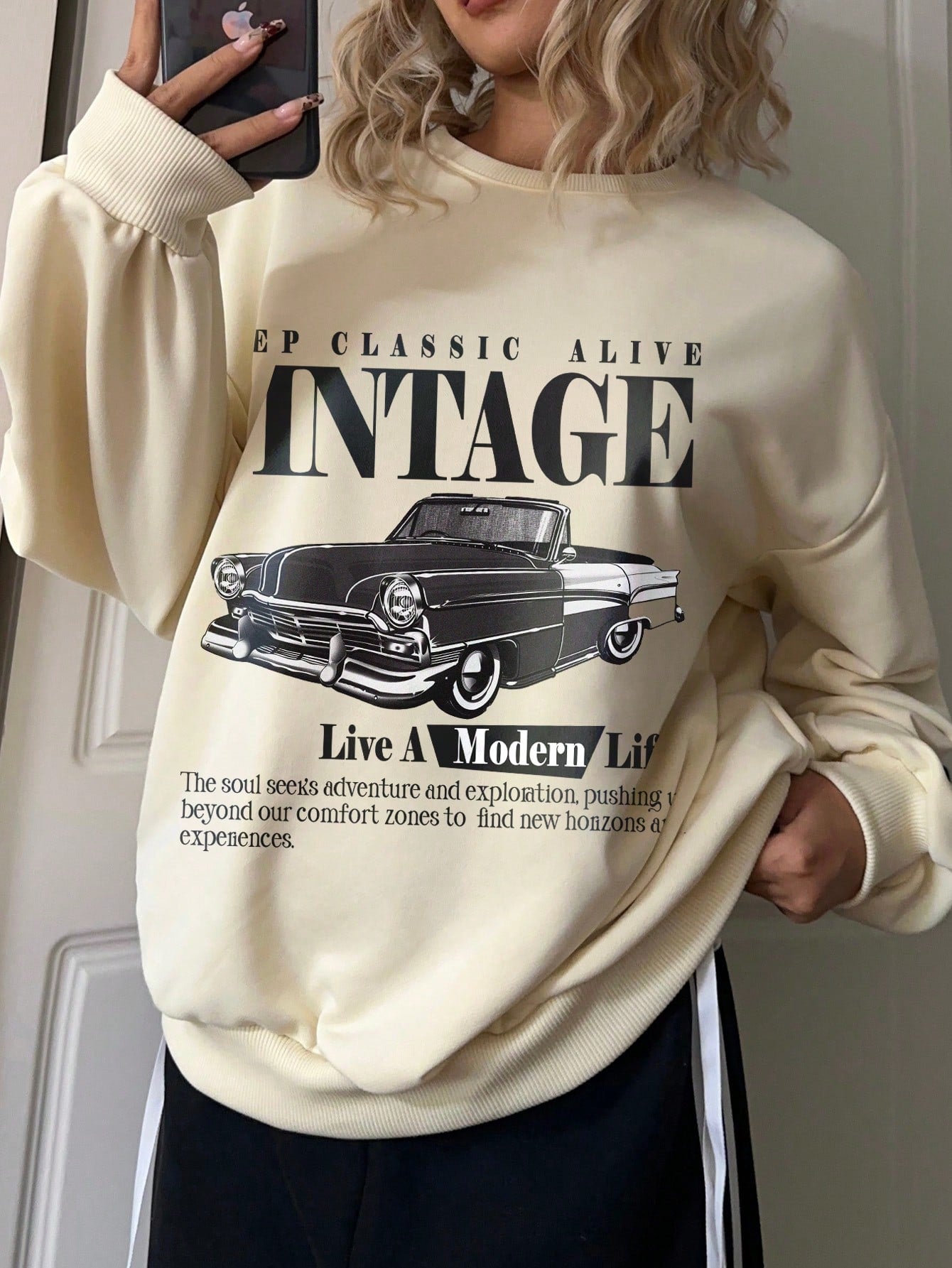 EZwear Vintage Car Print Hoodie Casual Loose Fit Sweatshirt For Women, Autumn Winter,Long Sleeve Tops