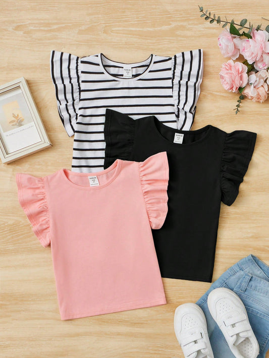 3pcs/Set Young Girl Casual Comfy Cute Ruffle Trim Solid