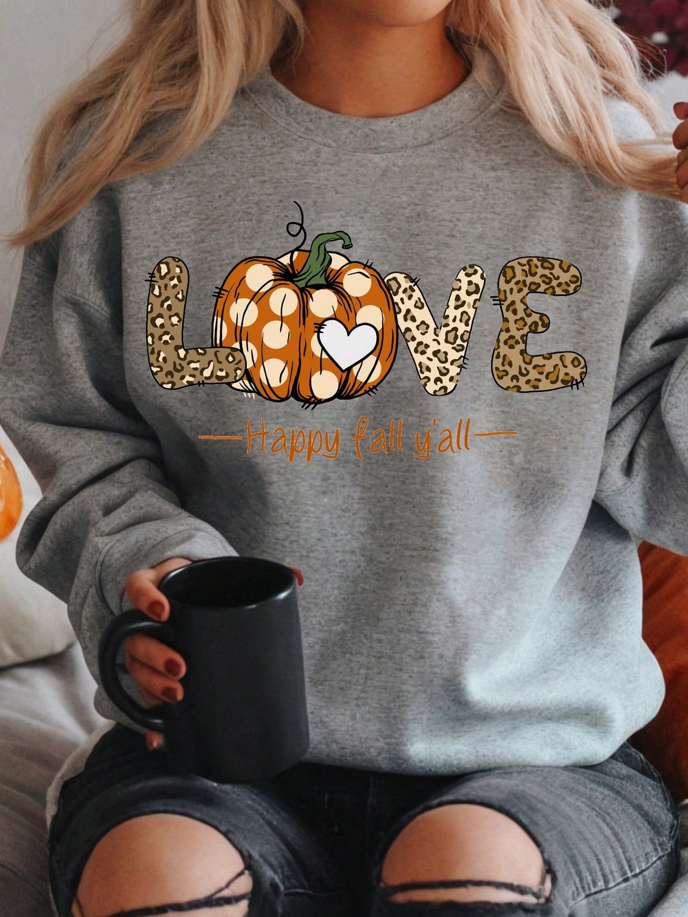 LUNE Plus Size Casual Simple Pumpkin Leopard LOVE Print Pattern Loose Thick Crew Neck Sweatshirt For Autumn Winter