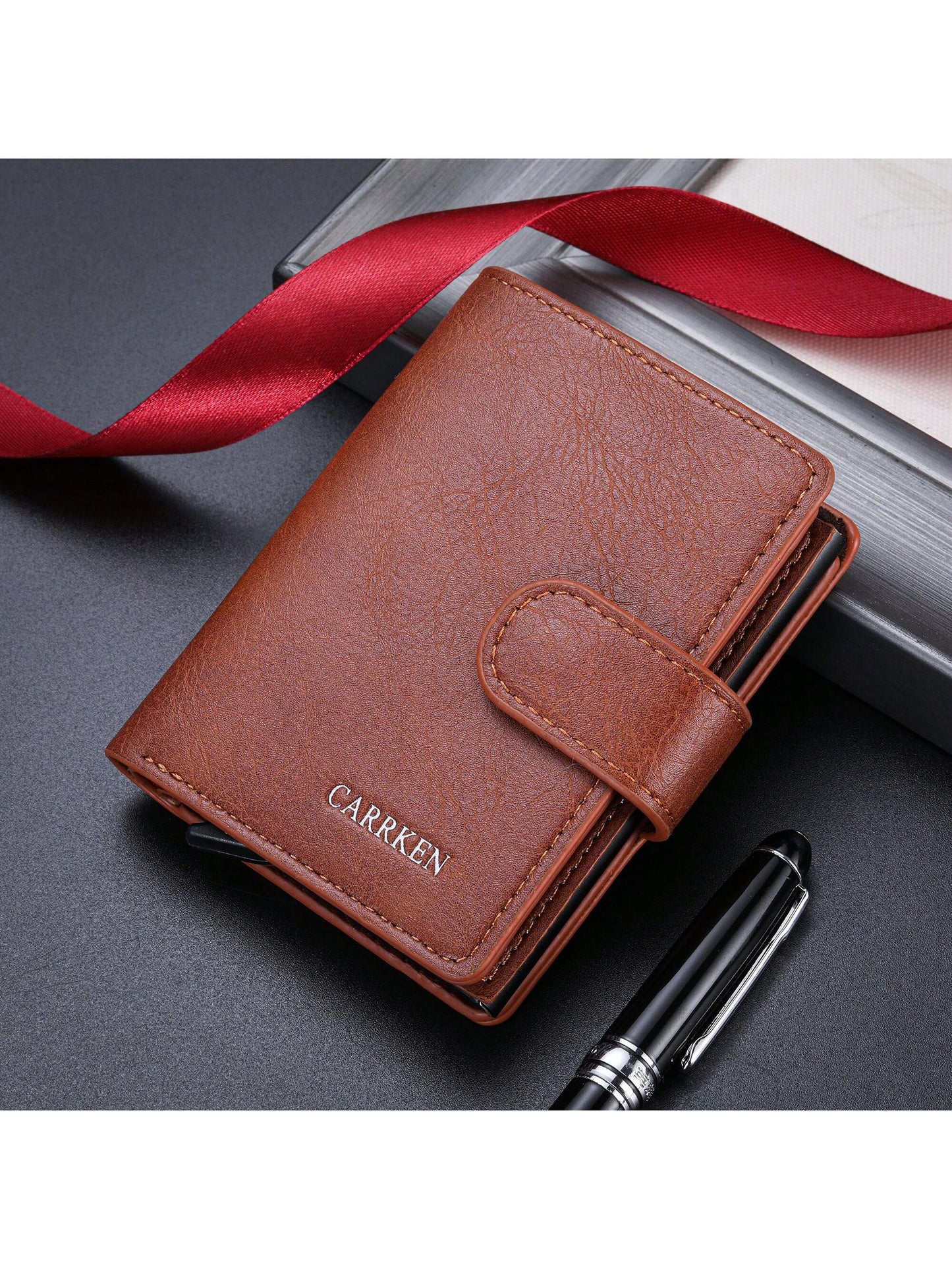 1pc New Men's Plain Texture Snap Button Wallet, Multi-Functional Aluminum Box, Auto Pop-Up Card Holder, Large Card Slots