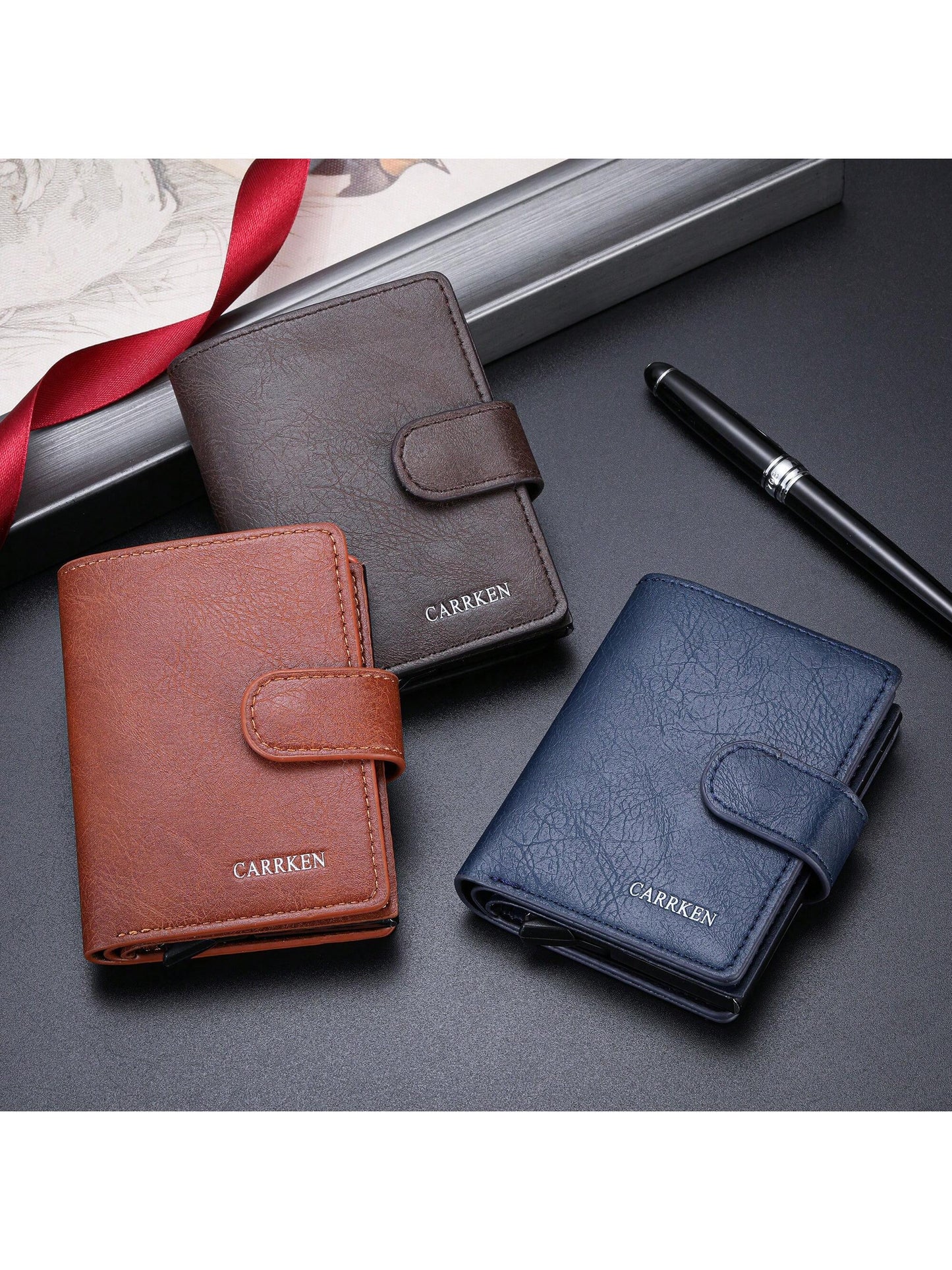 1pc New Men's Plain Texture Snap Button Wallet, Multi-Functional Aluminum Box, Auto Pop-Up Card Holder, Large Card Slots