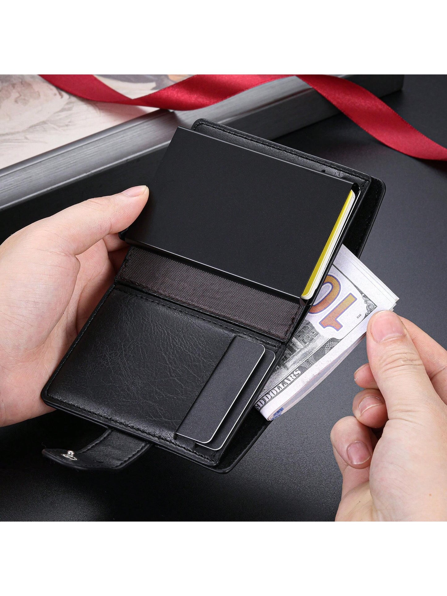 1pc New Men's Plain Texture Snap Button Wallet, Multi-Functional Aluminum Box, Auto Pop-Up Card Holder, Large Card Slots