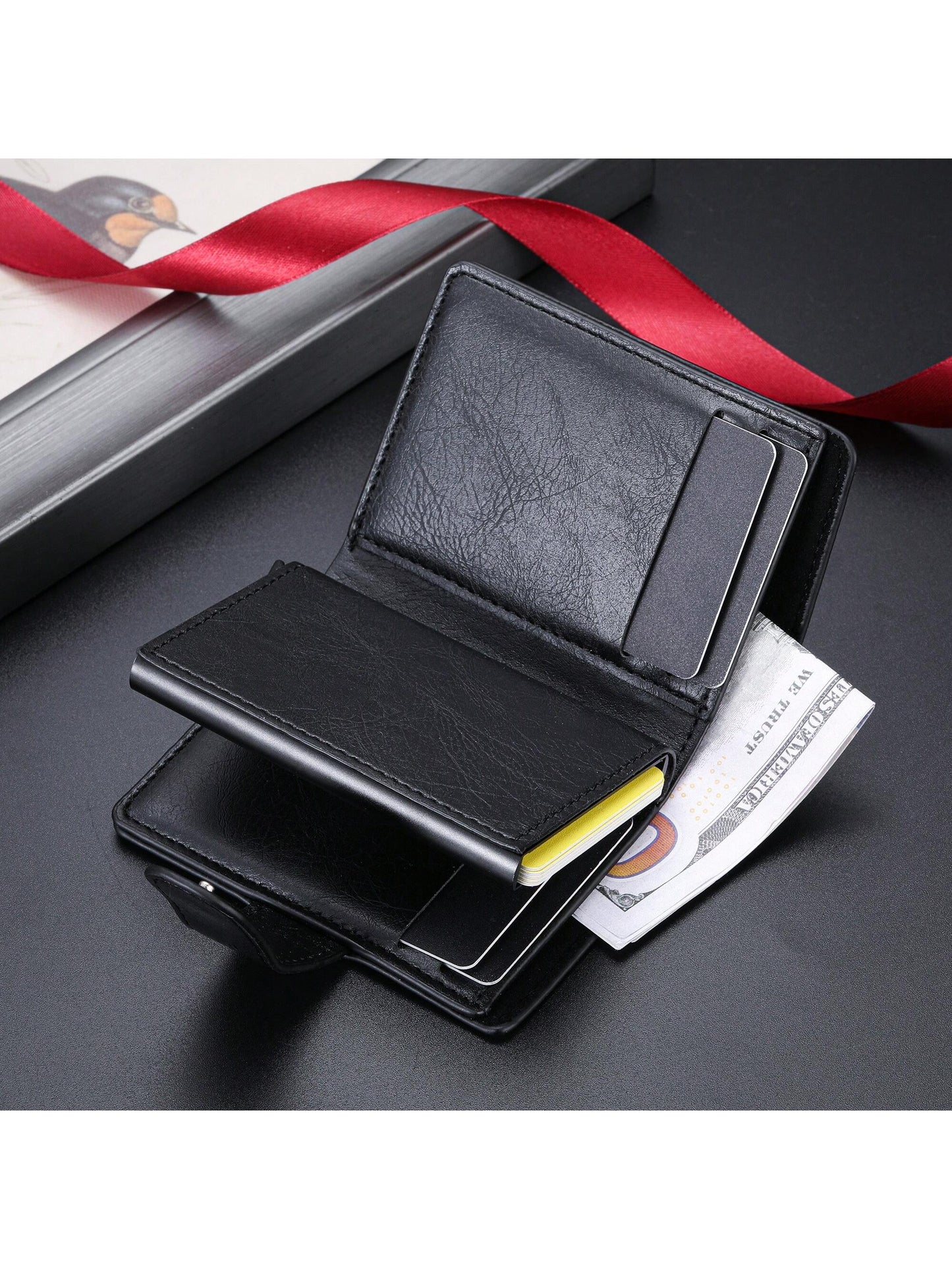 1pc New Men's Plain Texture Snap Button Wallet, Multi-Functional Aluminum Box, Auto Pop-Up Card Holder, Large Card Slots