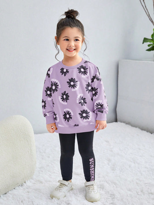 2pcs Young Girl Floral Print Sweatshirt And Black Pants Set, Casual Outfits