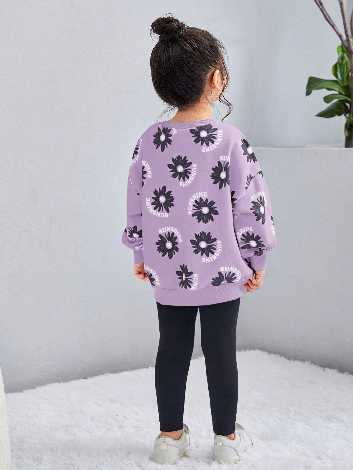 2pcs Young Girl Floral Print Sweatshirt And Black Pants Set, Casual Outfits