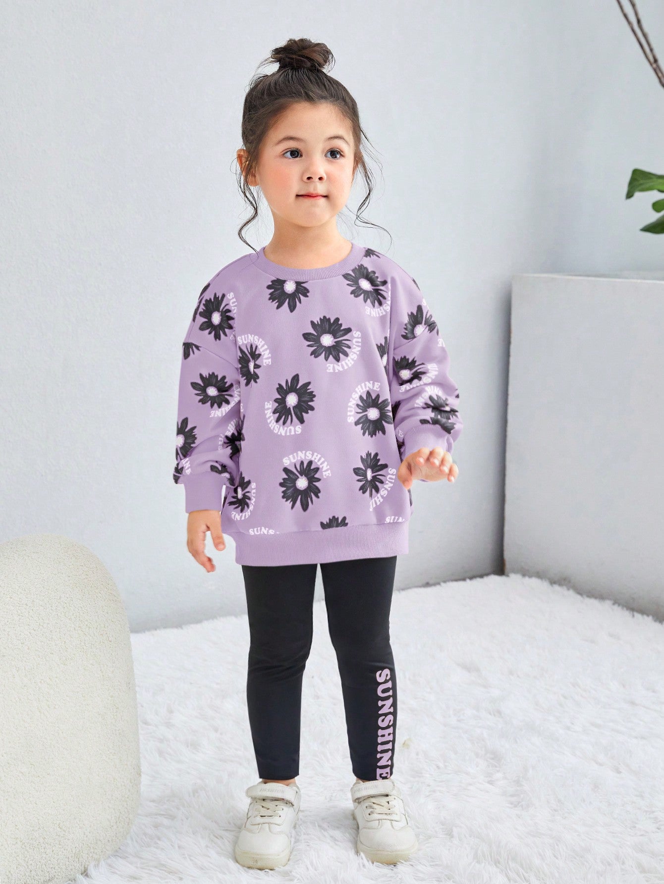 2pcs Young Girl Floral Print Sweatshirt And Black Pants Set, Casual Outfits