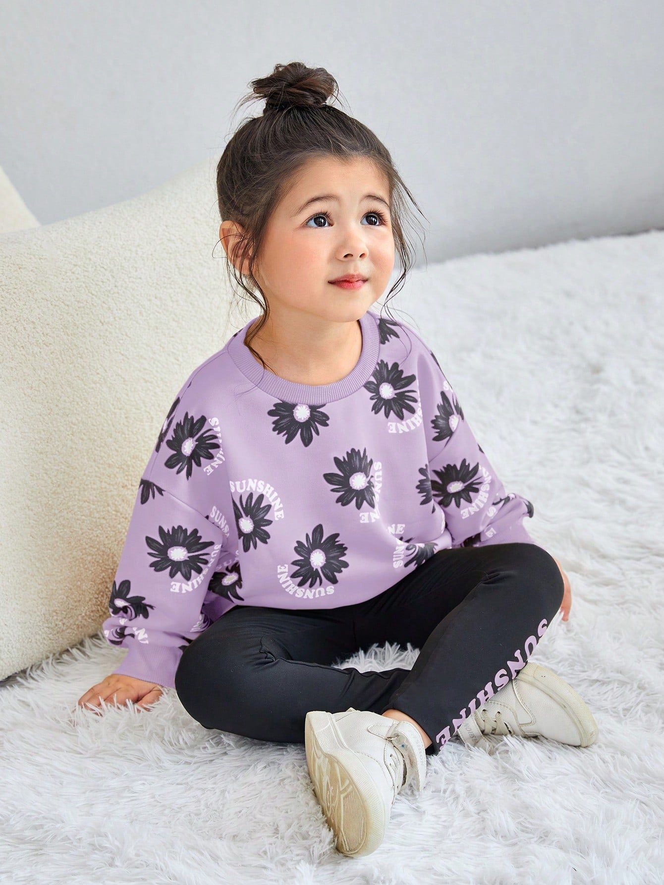 2pcs Young Girl Floral Print Sweatshirt And Black Pants Set, Casual Outfits