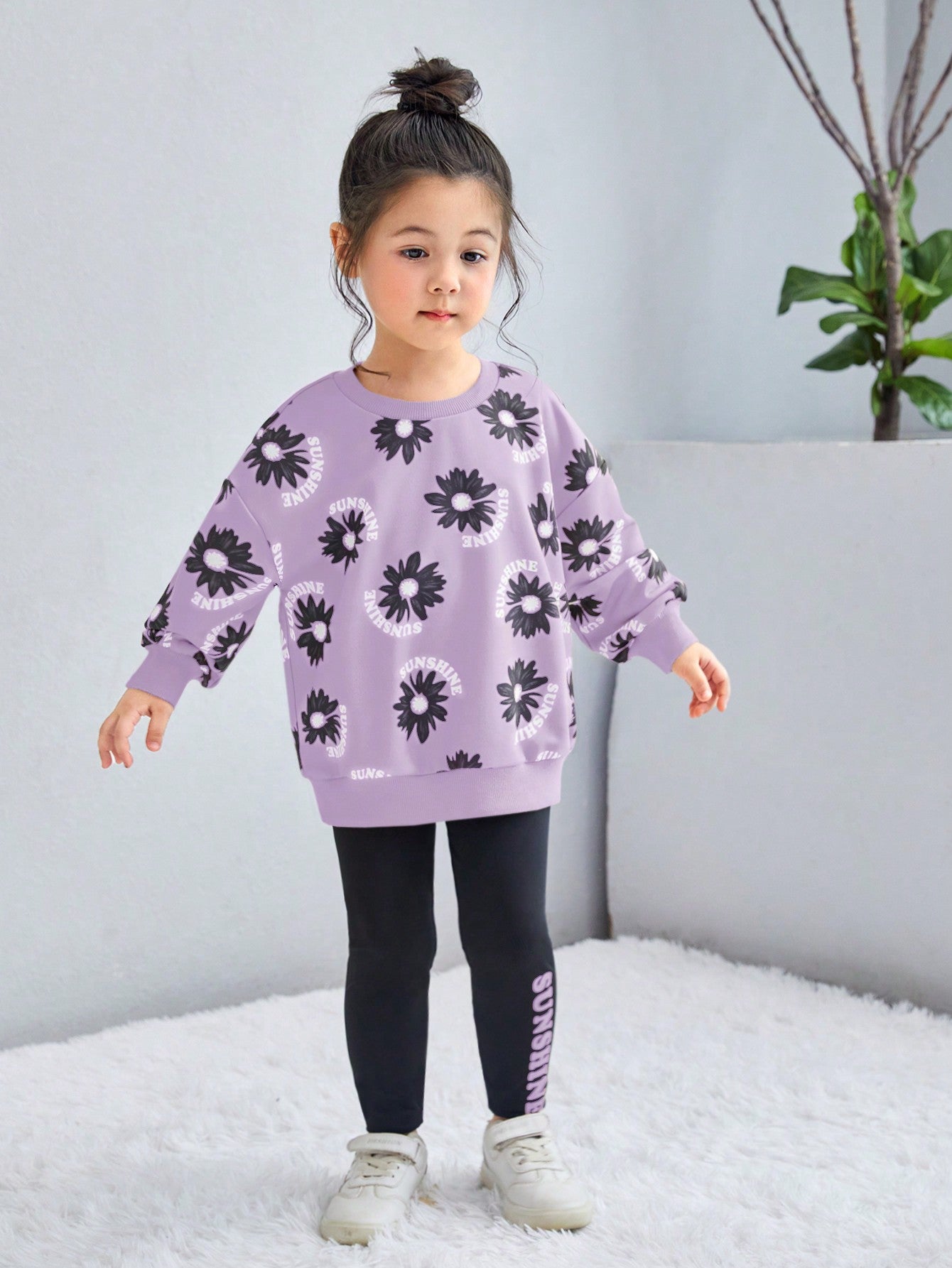 2pcs Young Girl Floral Print Sweatshirt And Black Pants Set, Casual Outfits