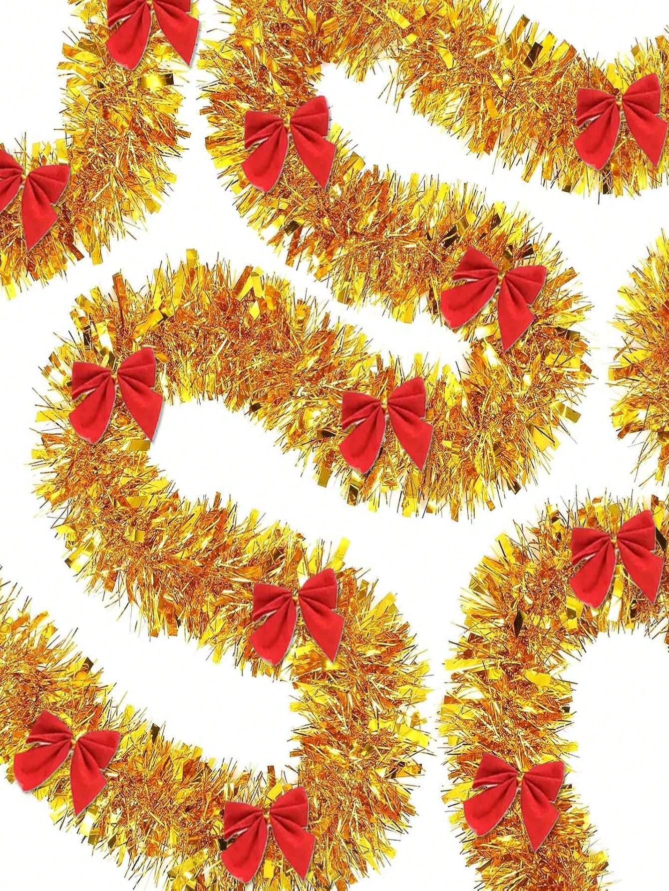 1pc Christmas Tinsel Garland, Dark Green Frost Tip Metallic Garland With 6/12pcs Red Bows, Artificial Xmas Garland For Home Indoor Outdoor Christmas Tree Decoration, Holiday Wedding Party Supplies