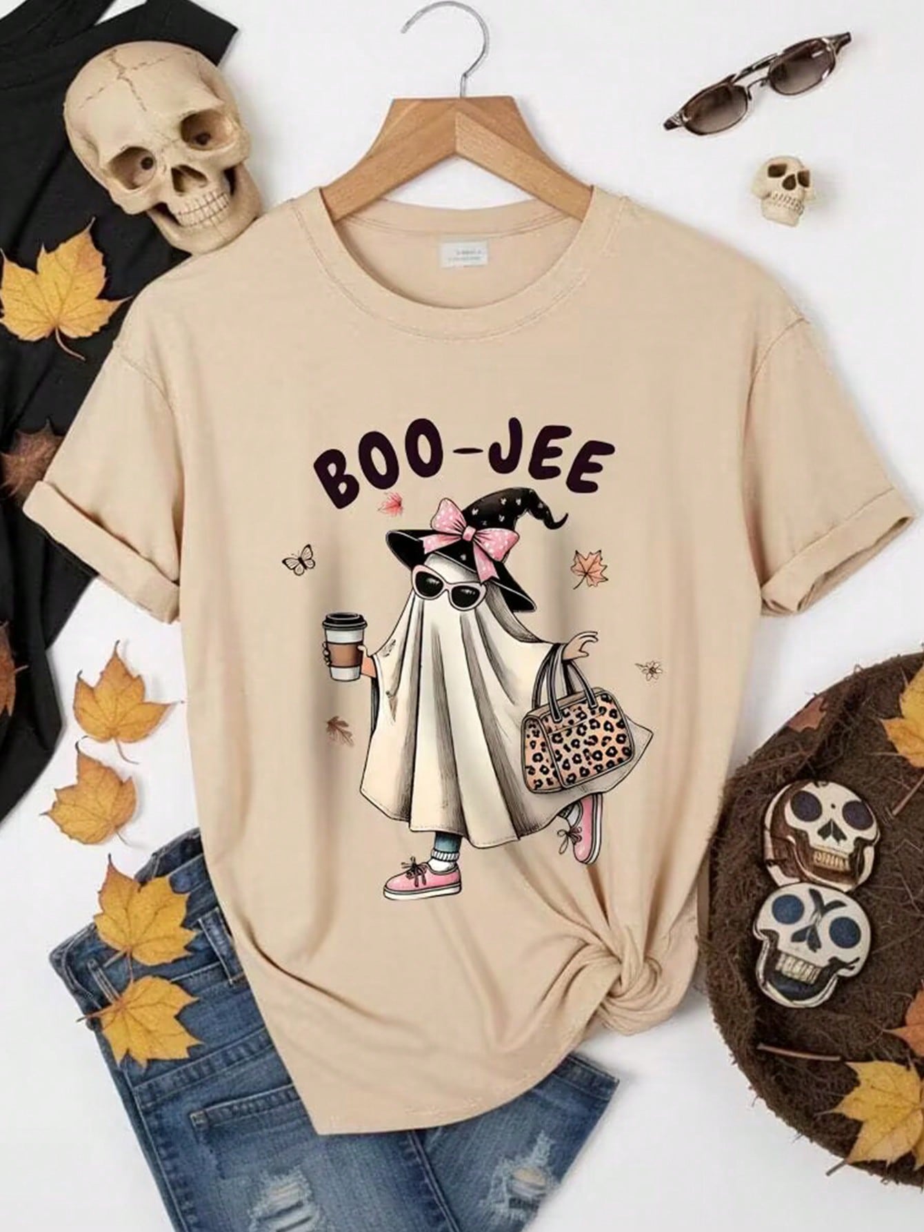 LUNE Women Cute Regular Short Sleeve Halloween T-Shirt With Ghost Boo And Slogan For Spring And Summer