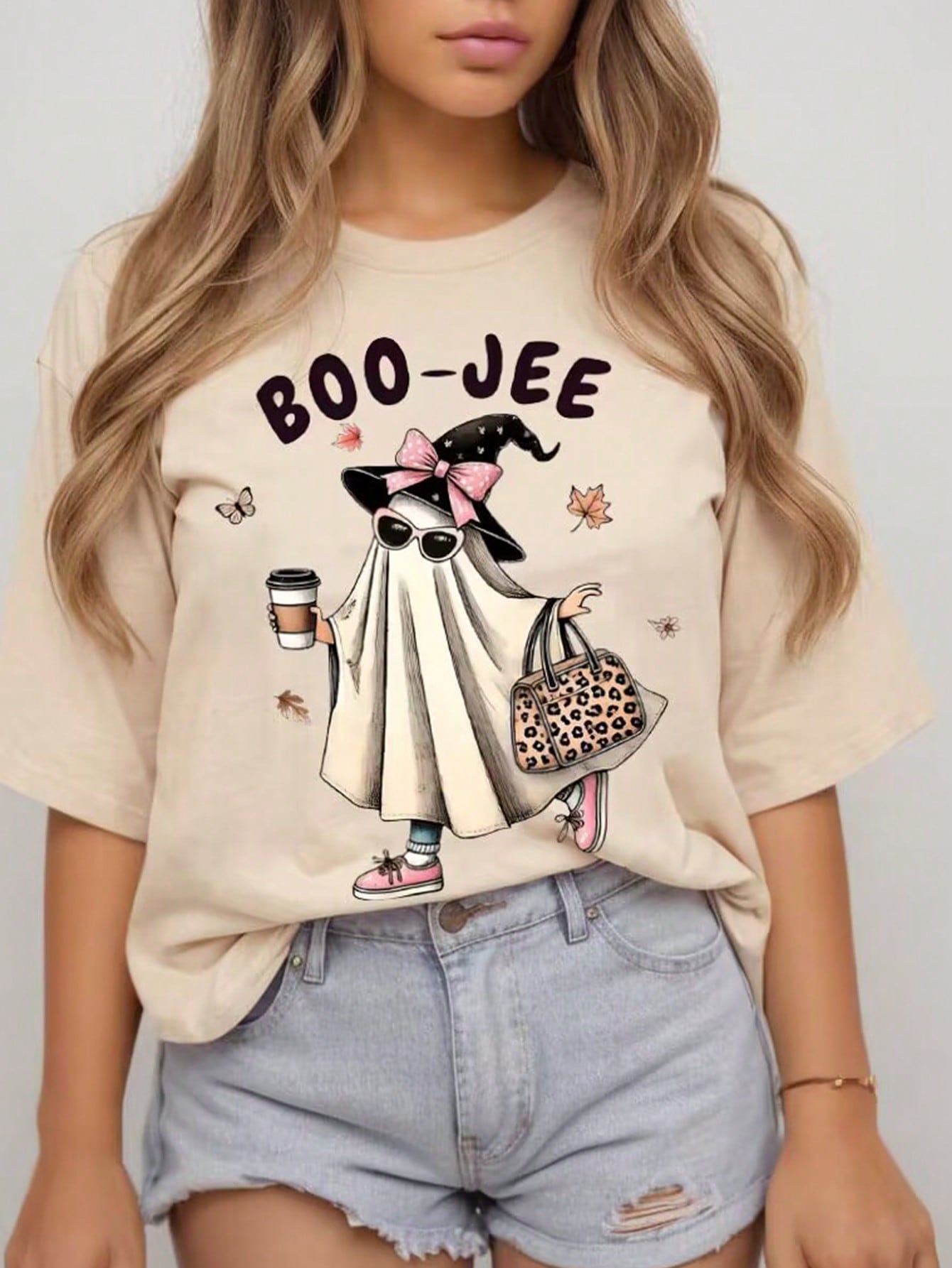 LUNE Women Cute Regular Short Sleeve Halloween T-Shirt With Ghost Boo And Slogan For Spring And Summer